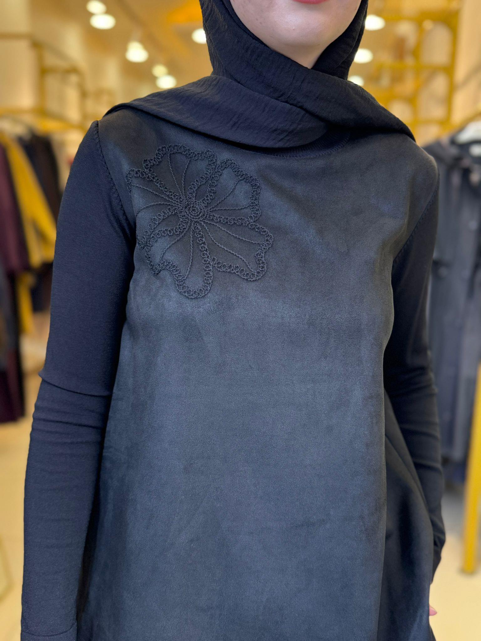 Nuss 3004 Nubuk Yaka İşleme Detaylı Tunik Siyah