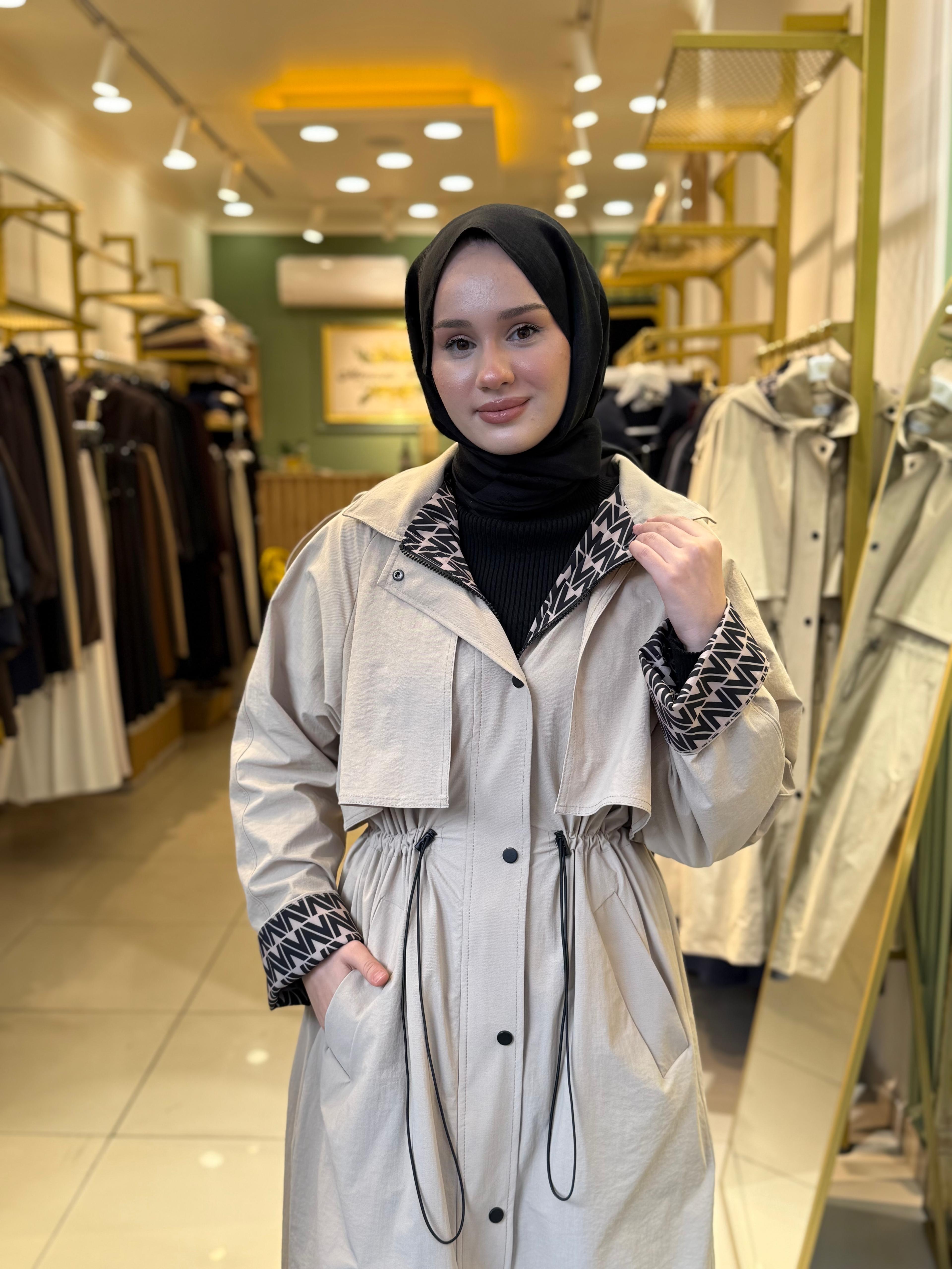 Nuss 6033 Kapüşon Ve Kol Yazı Detaylı Trench Camel