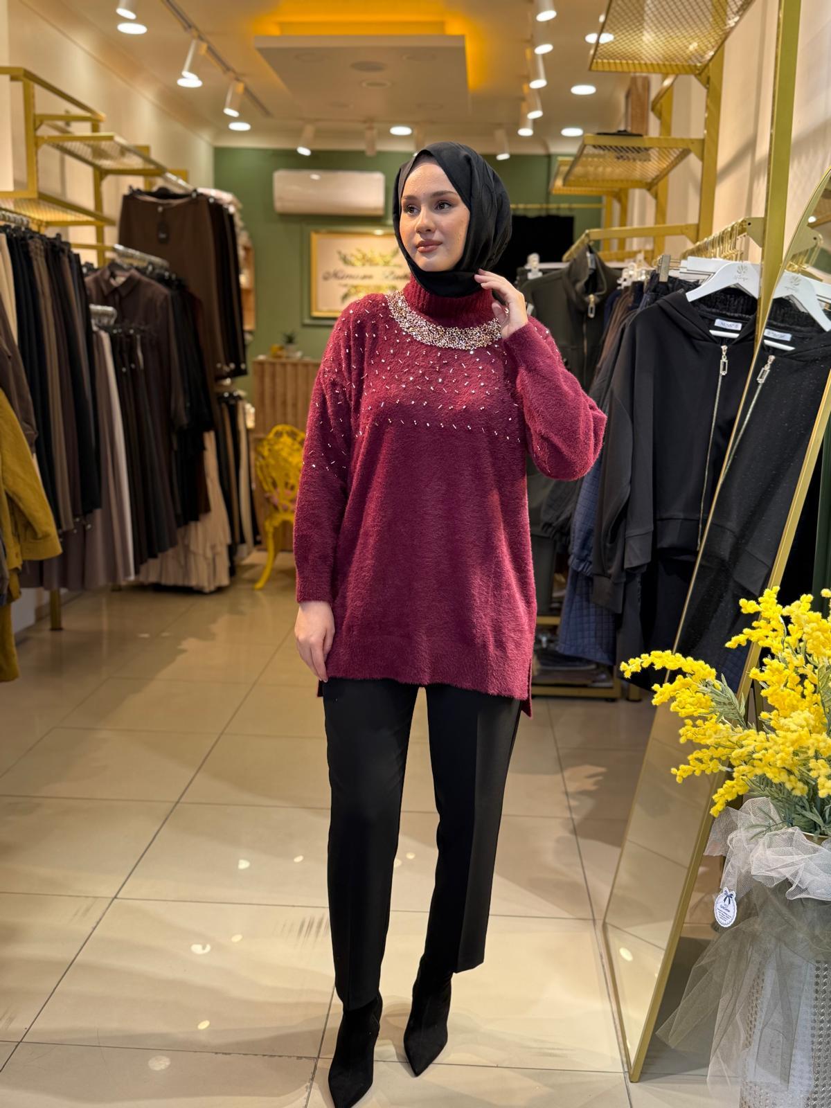 Nuss 7003 Balıkçı Yaka İşlemeli Angora Tunik Bordo