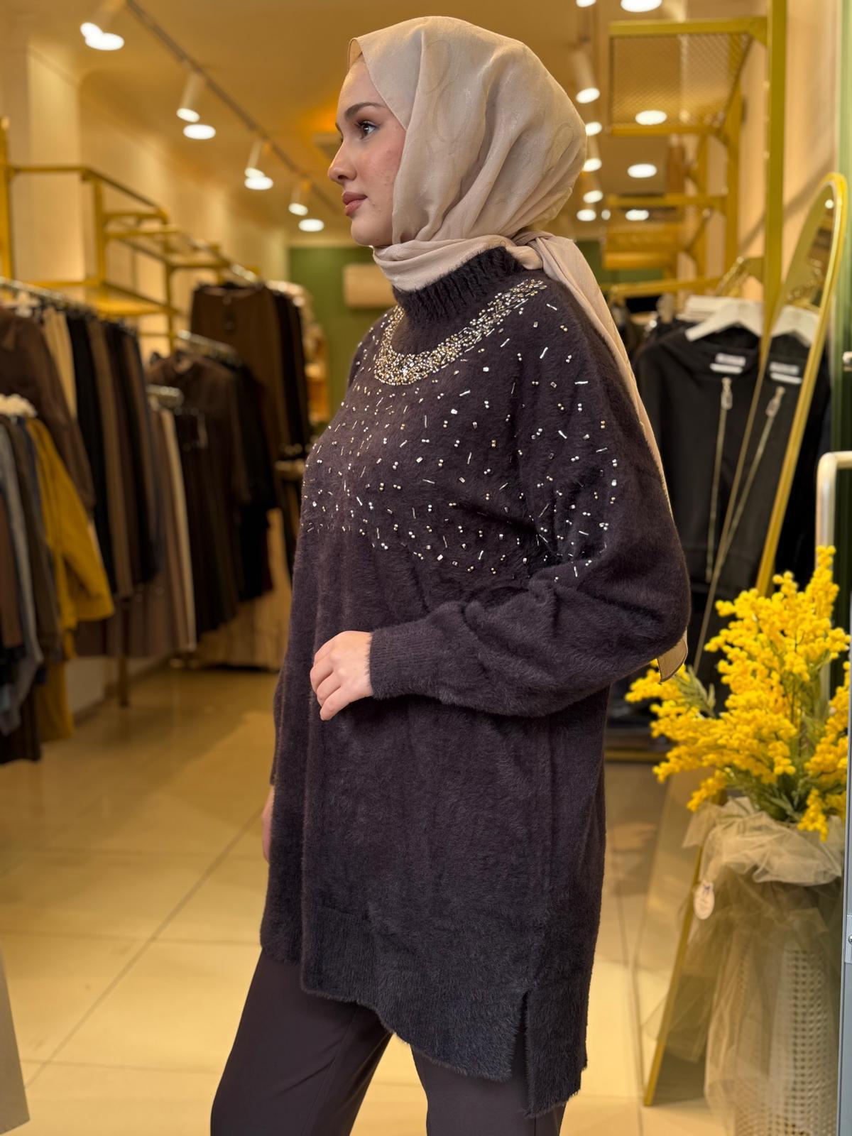 Nuss 7003 Balıkçı Yaka İşlemeli Angora Tunik Kahverengi