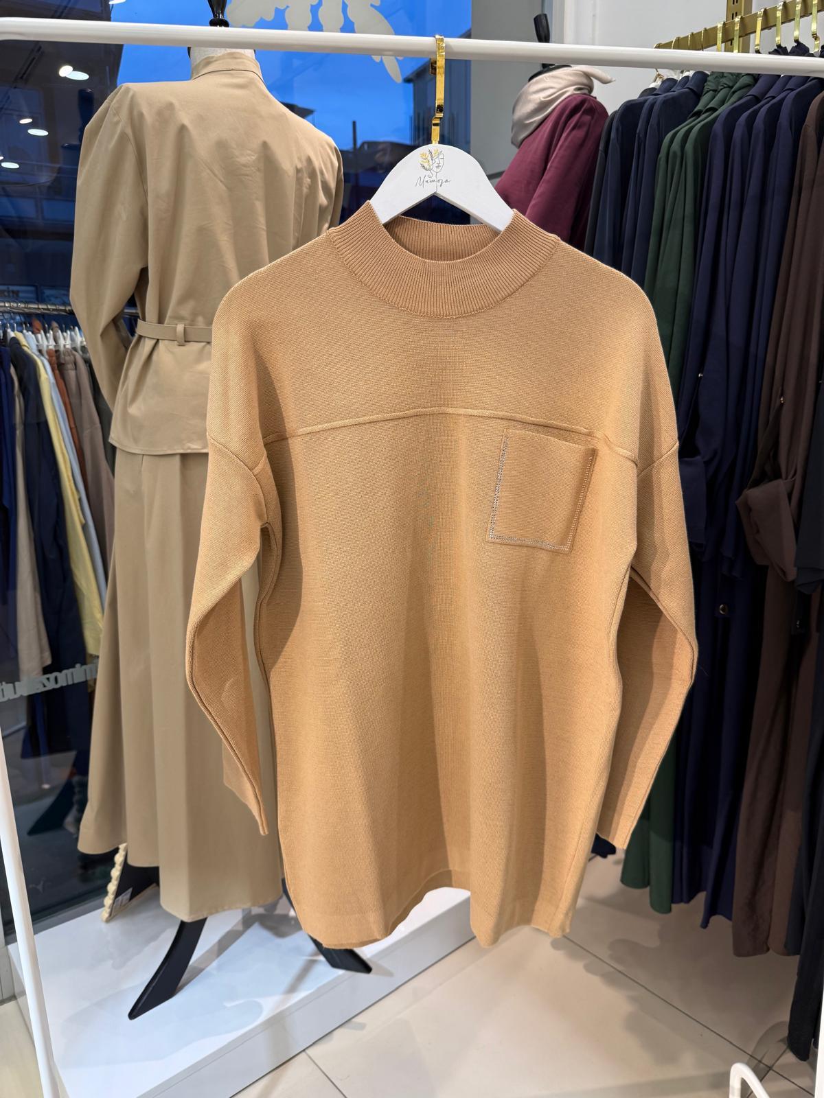 Nuss 7009 Cep Taş İşlemeli Tunik Camel
