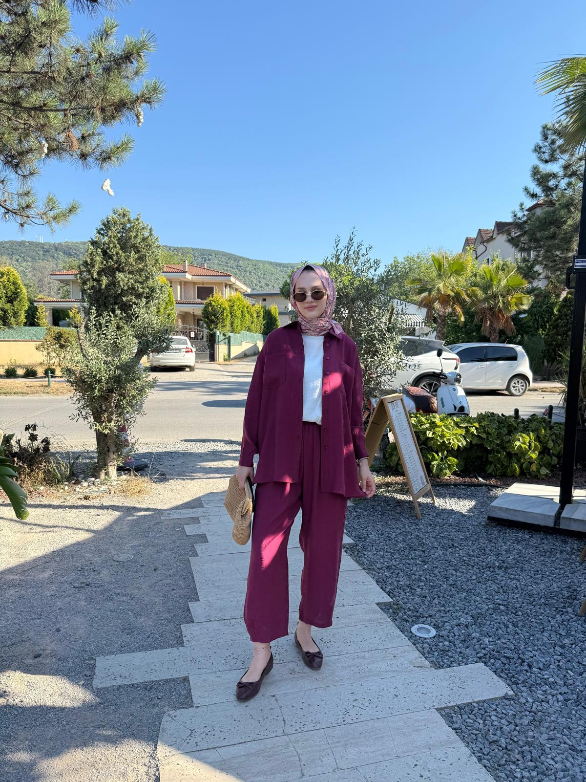 Nuss Çift Cep Detaylı Pantolonlu Takım  1046 Bordo
