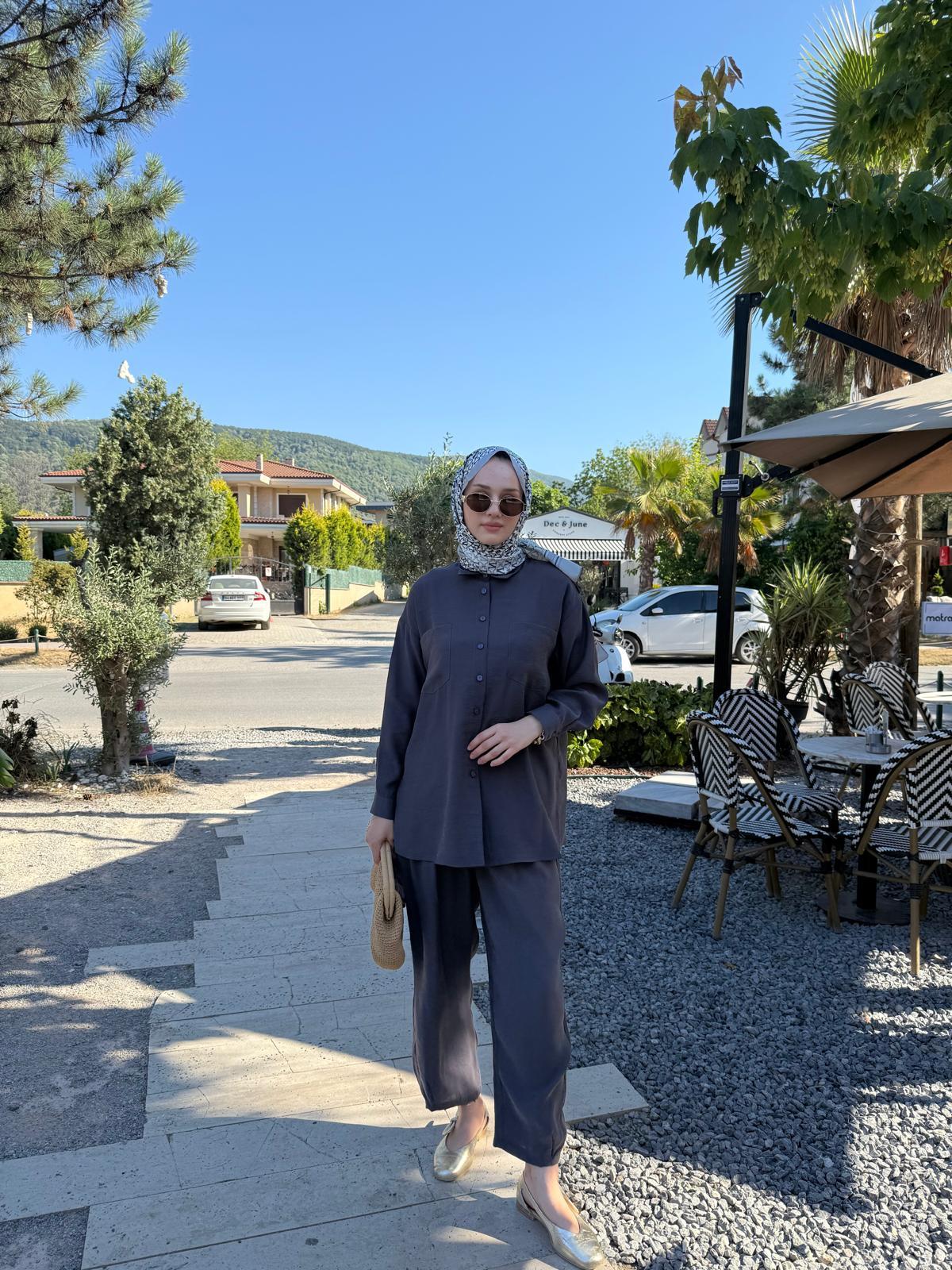 Nuss Çift Cep Detaylı Pantolonlu Takım  1046 Gri