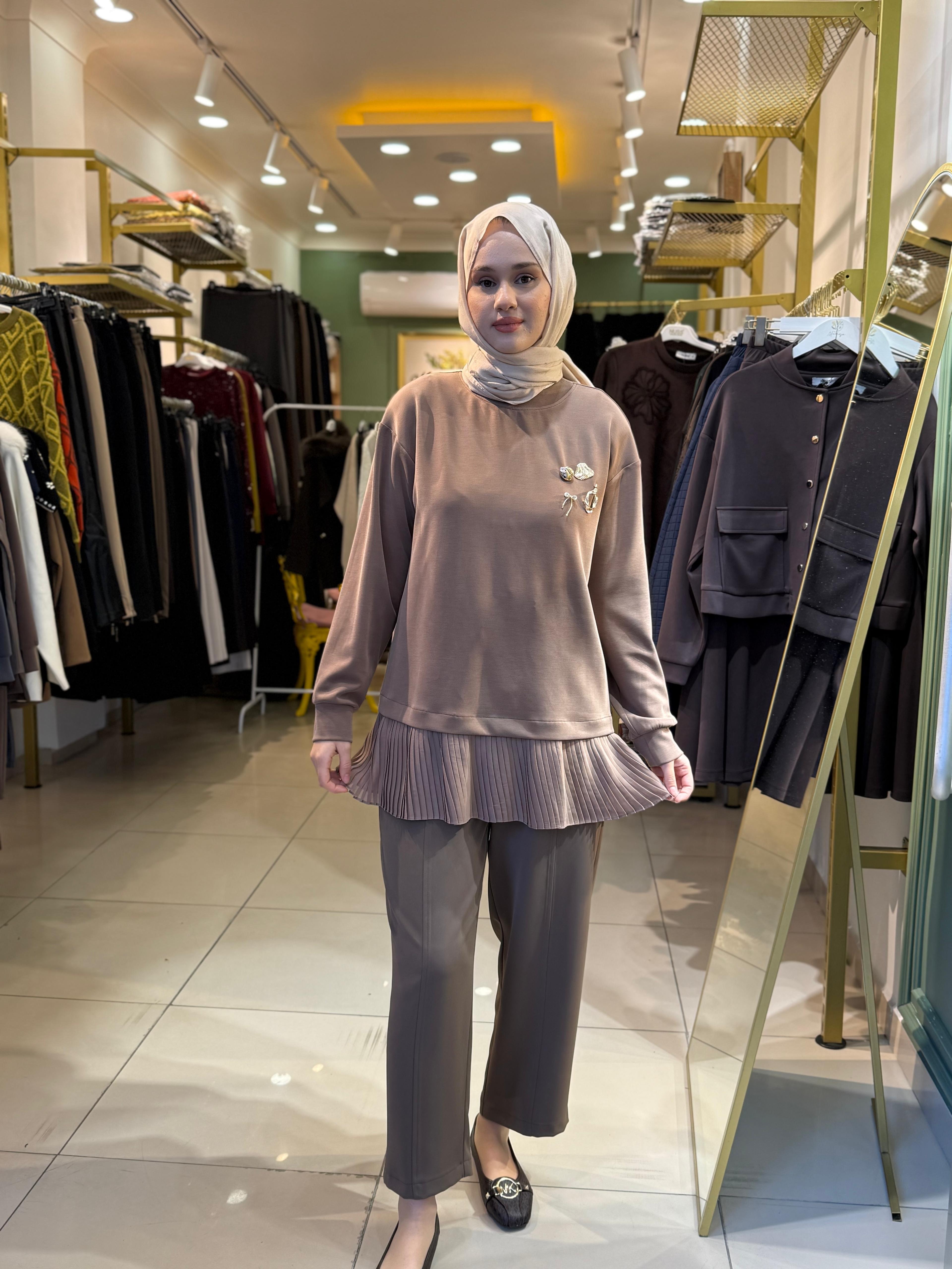 Sentez Elegance Beli Lastikli Dar Paça Pantolon vizon