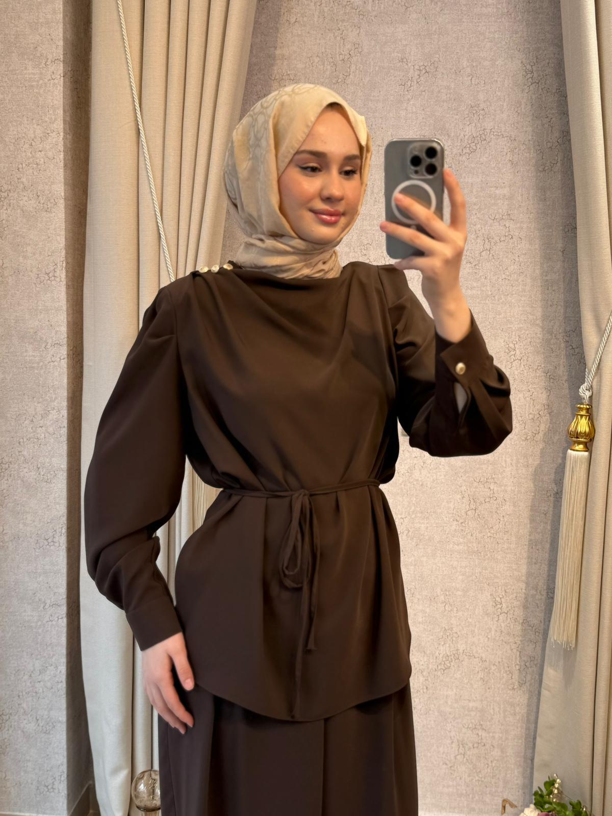 Miori Bois Pantolonlu Krep Takım Kahverengi