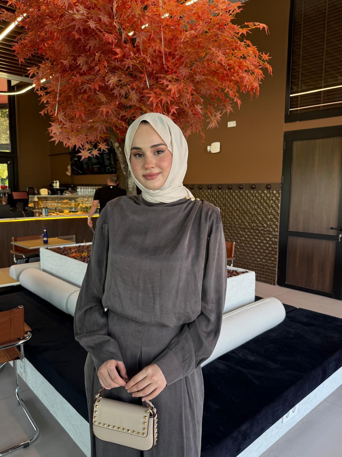 Miori Bois Taşlanmış İpek Pantolonlu Takım Antrasit