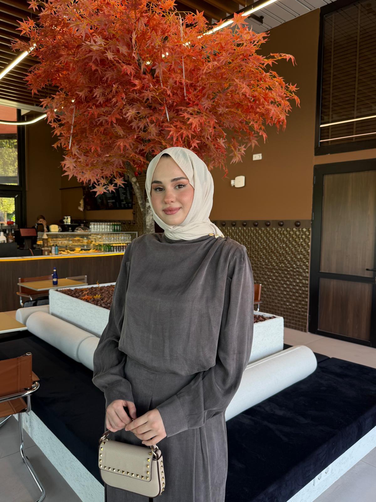Miori Bois Taşlanmış İpek Pantolonlu Takım Antrasit