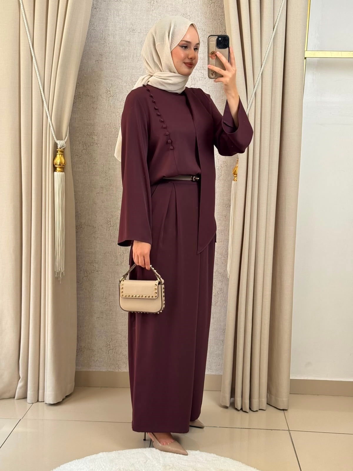 Miori Misse Brit Düğmeli  Pantolonlu Takım Bordo