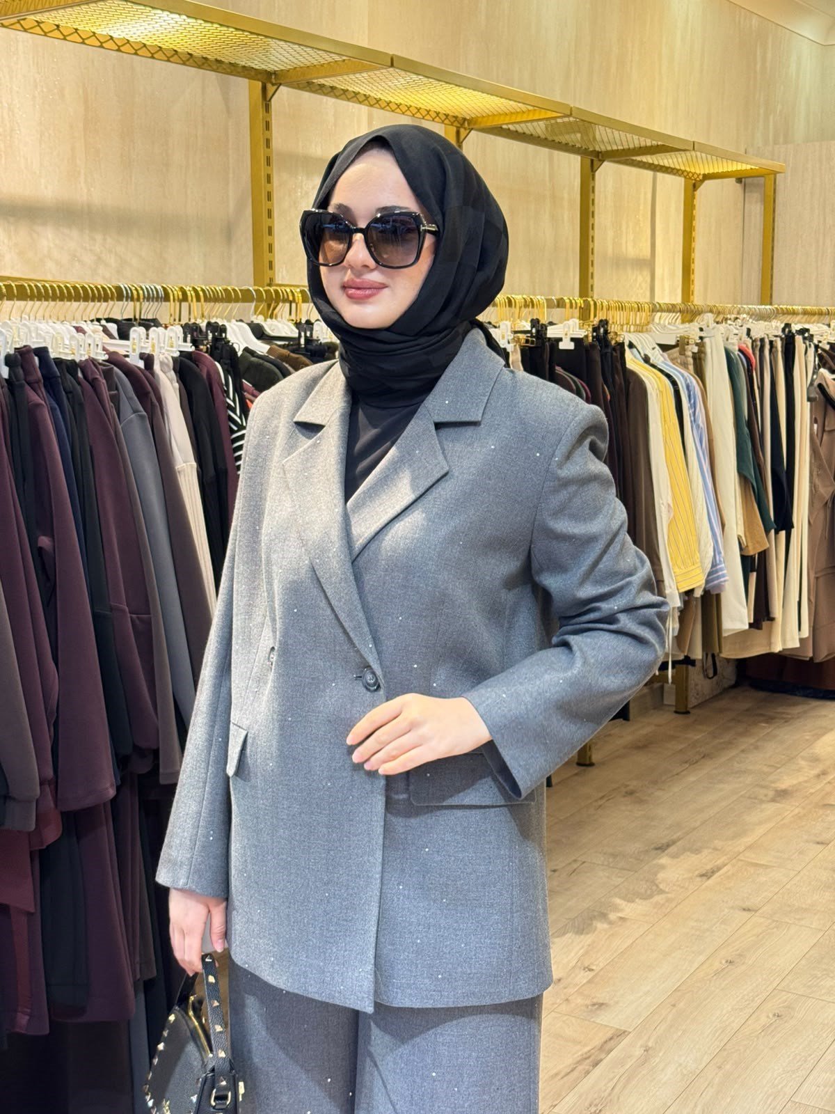 NUSS 1061 Taş Baskılı Ceket Takım Gri