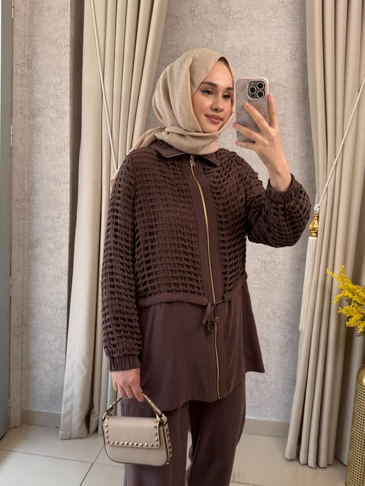 Nuss 1069 File Detaylı Pantolonlu Takım Kahverengi