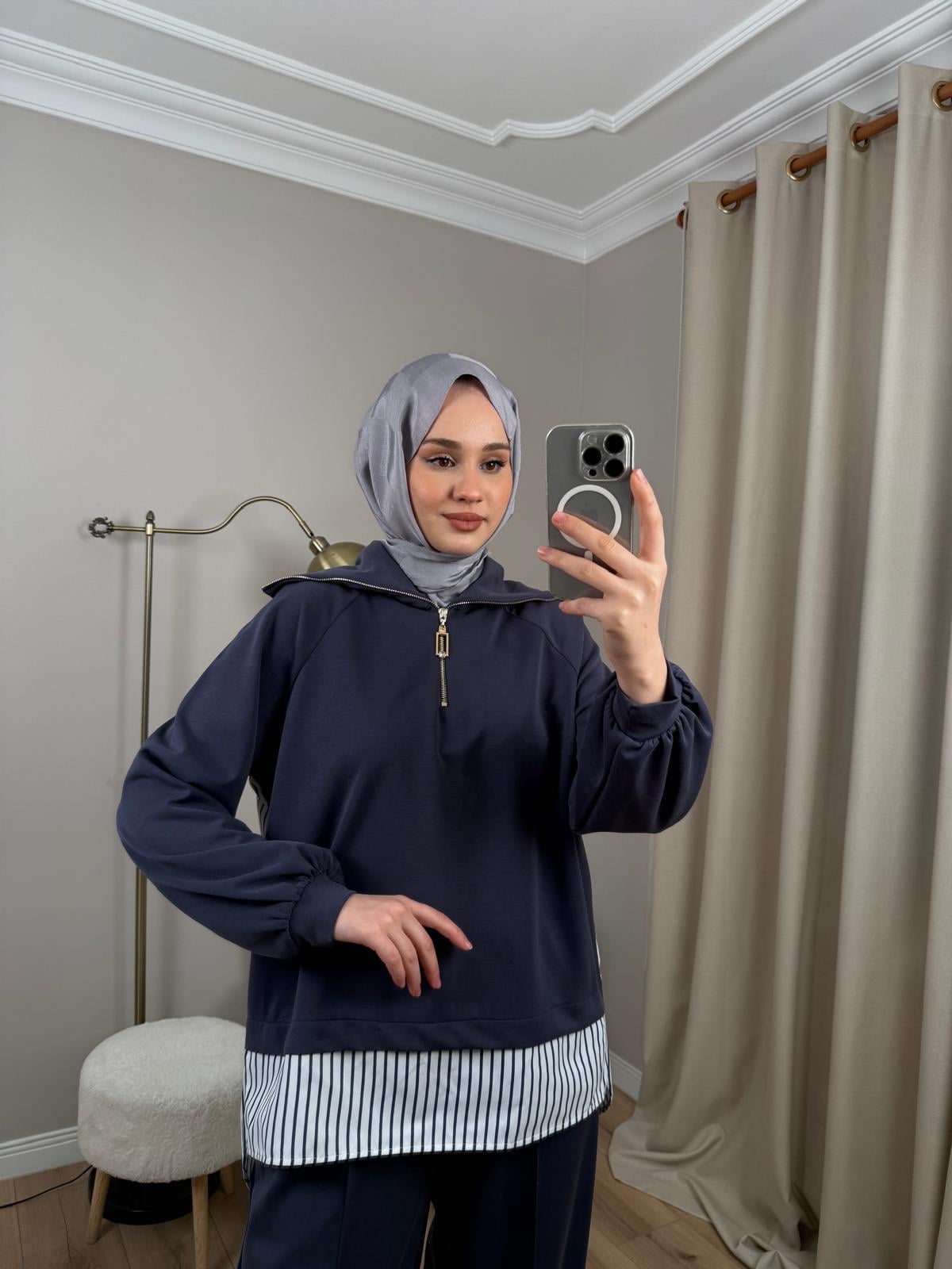 Nuss 1075 Gömlek Detay Gemici Yaka Pantolonlu Takım Lacivert