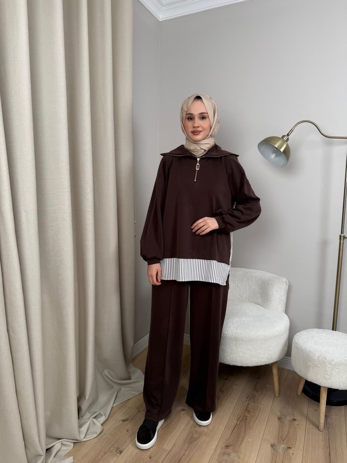 Nuss 1075 Gömlek Detay Gemici Yaka Pantolonlu Takım Kahverengi