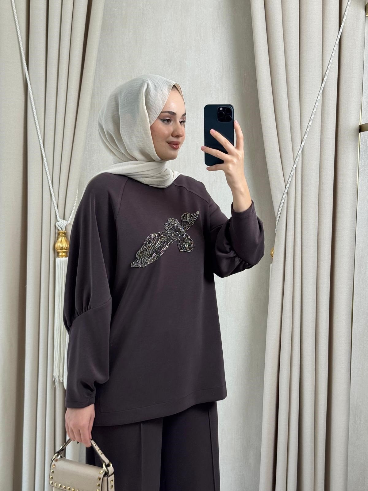 Nuss 1077 Önü Boncuk işlemeli Takım Kahverengi