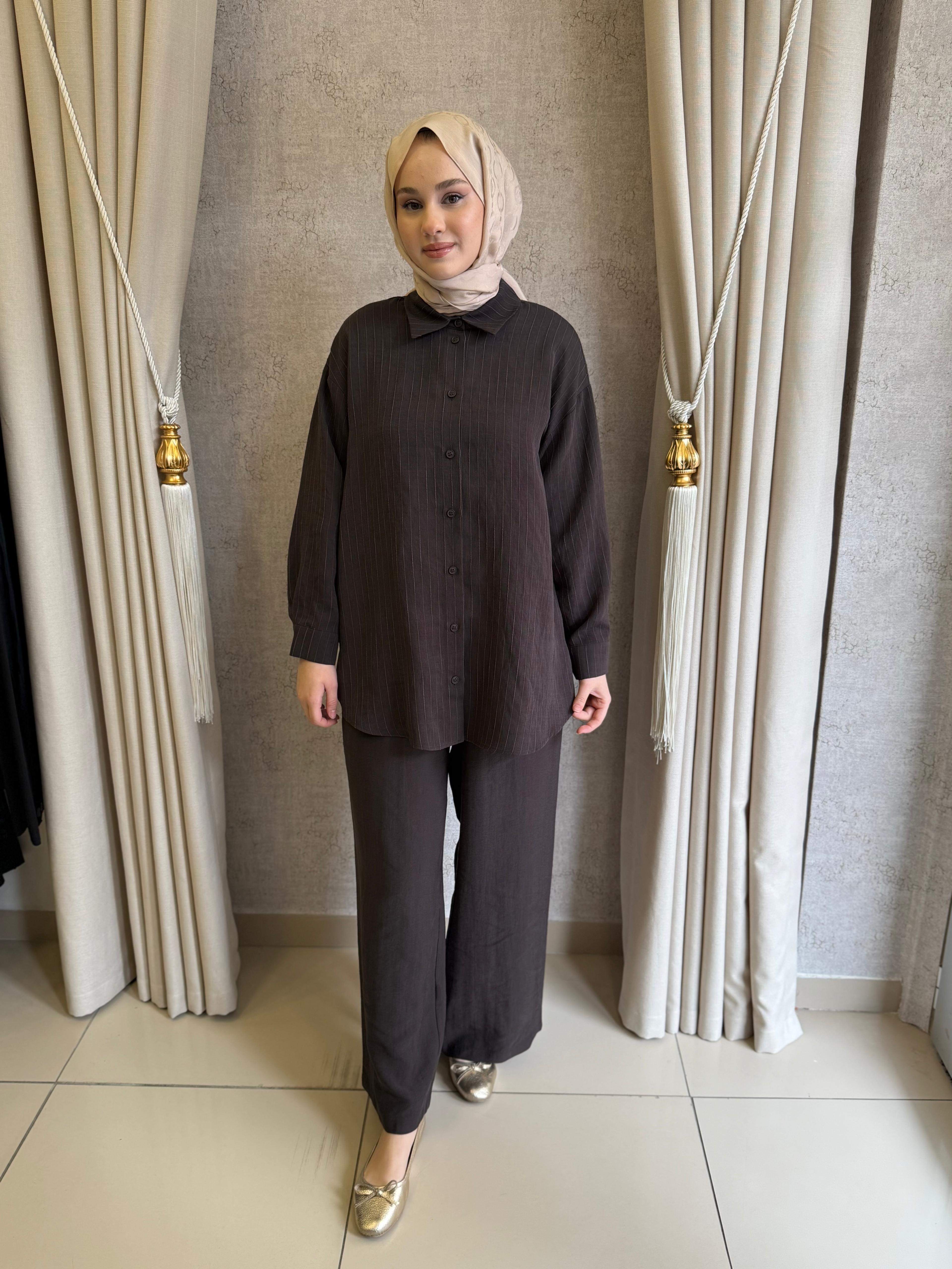 Nuss 1081 Kendinden Çizgili Pantolonlu Takım Bitter