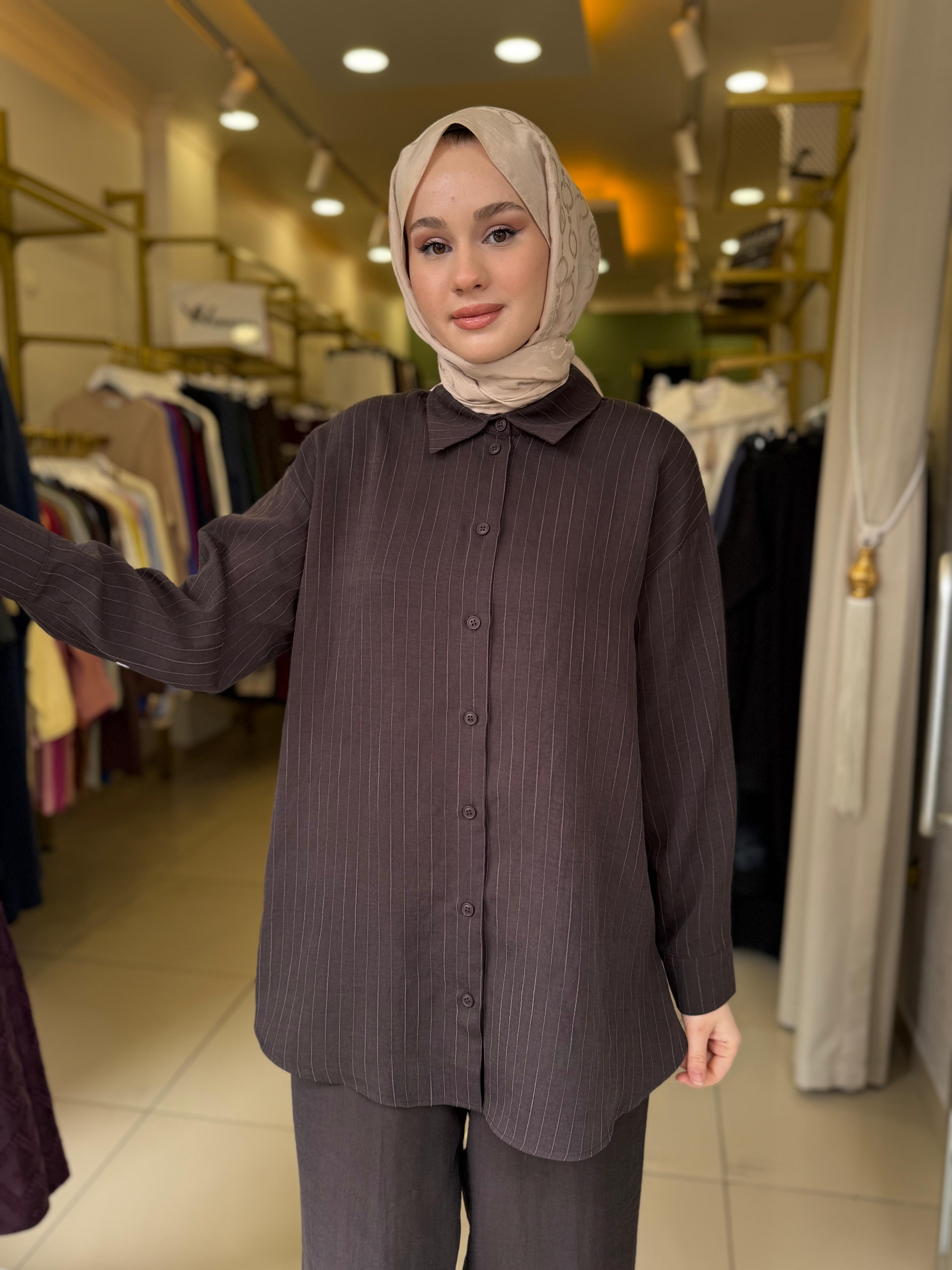 Nuss 1081 Kendinden Çizgili Pantolonlu Takım Bitter