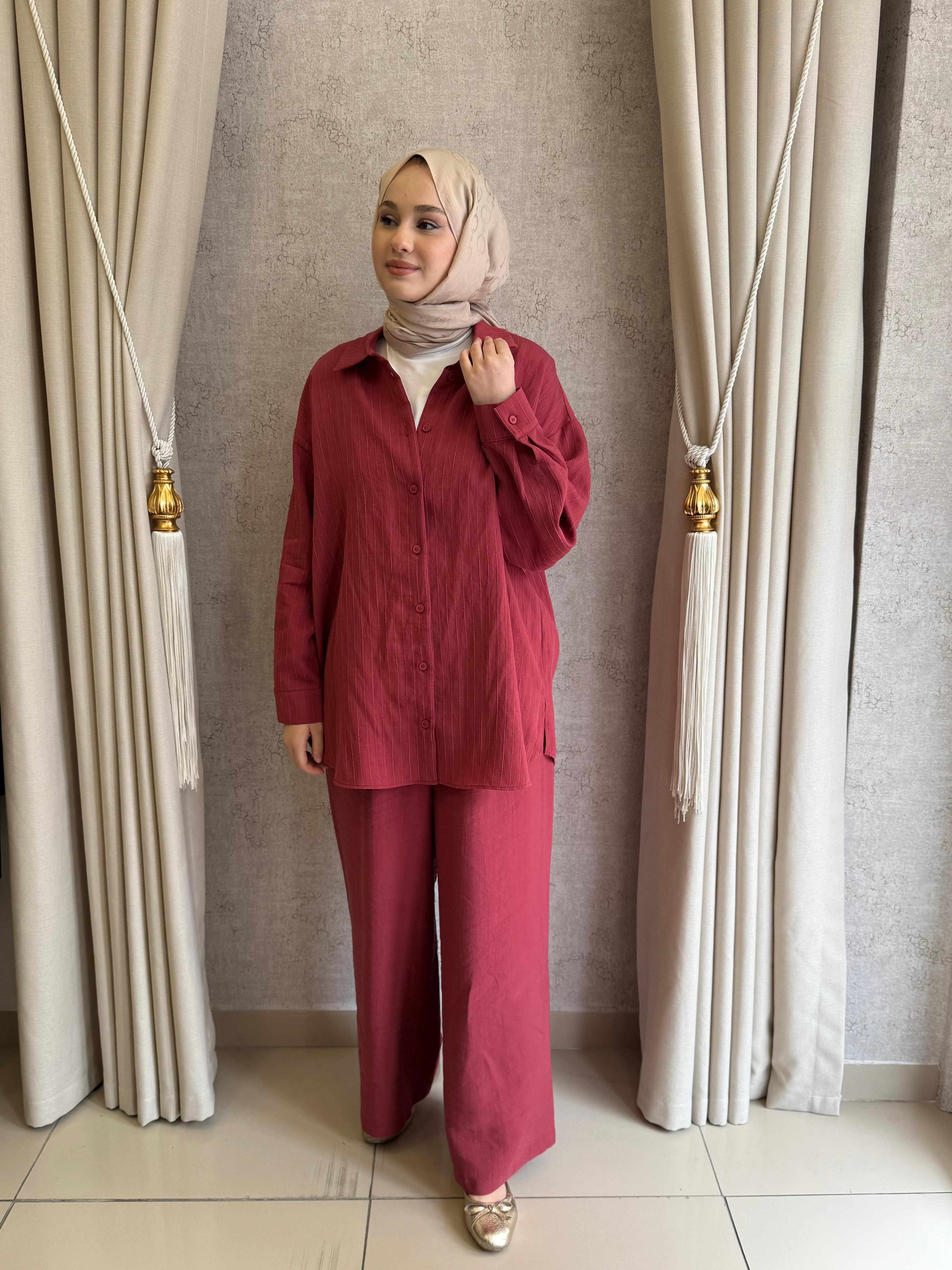 Nuss 1081 Kendinden Çizgili Pantolonlu Takım Red Plum