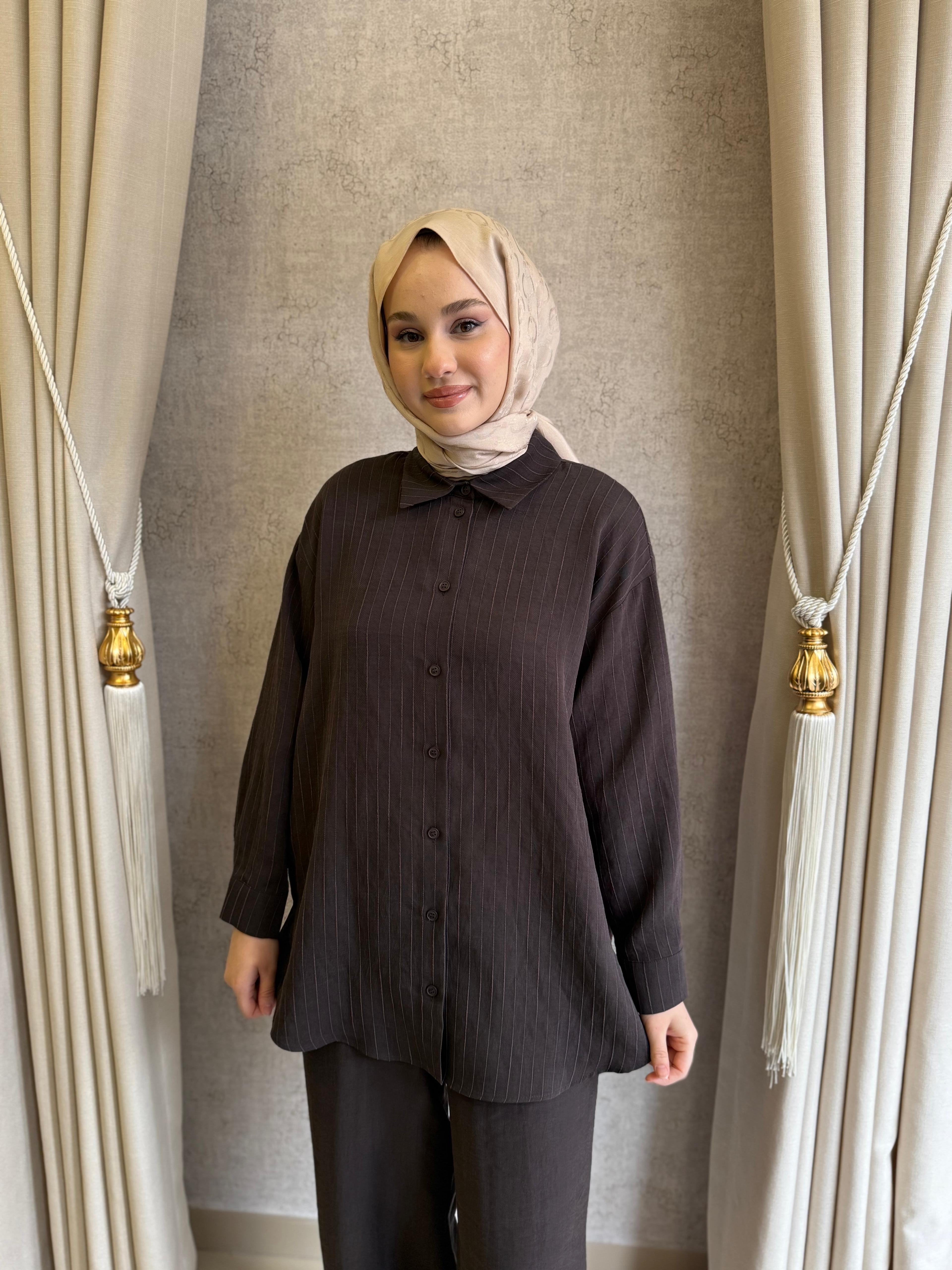 Nuss 1081 Kendinden Çizgili Pantolonlu Takım Bitter