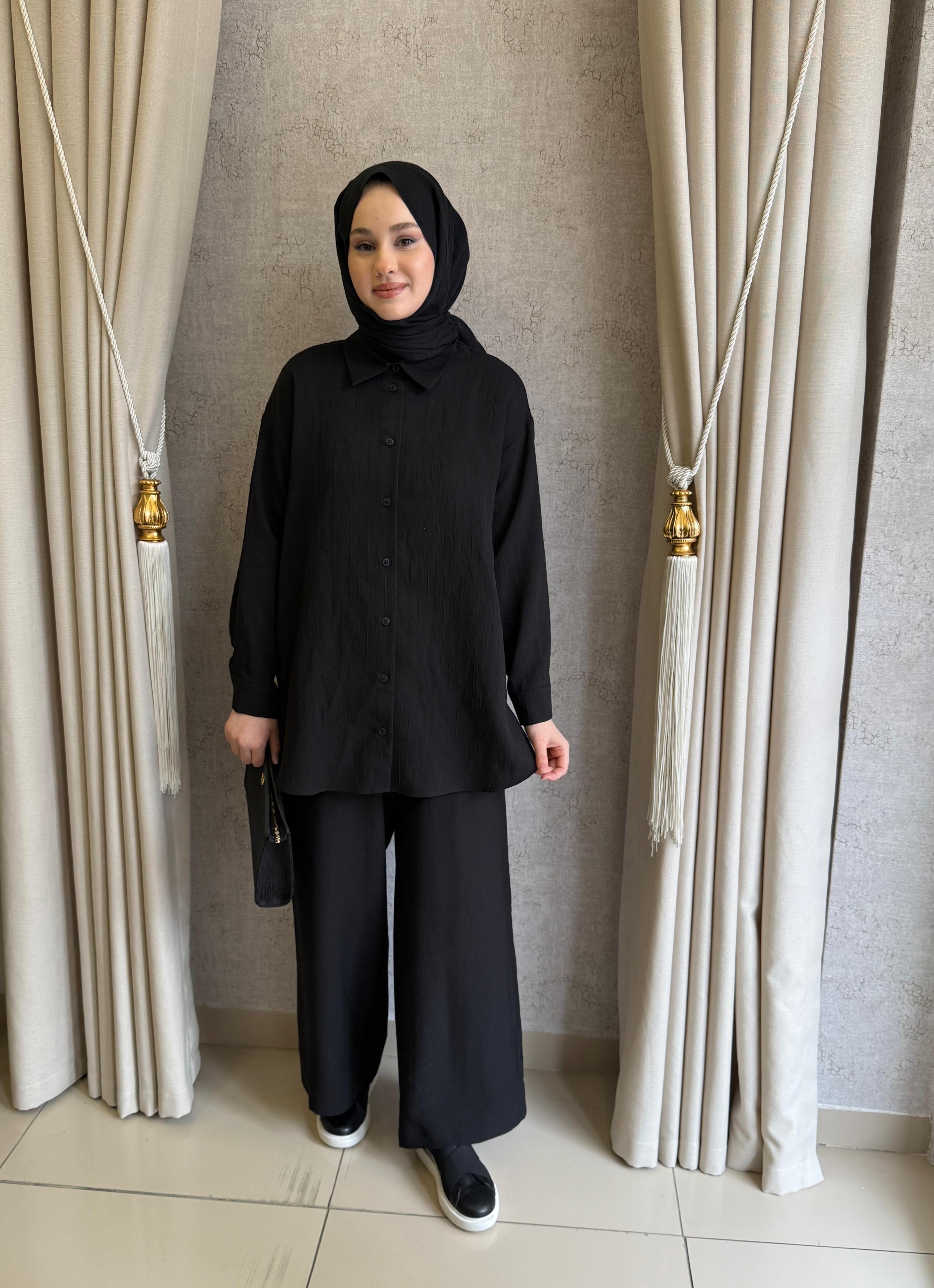 Nuss 1081 Kendinden Çizgili Pantolonlu Takım Siyah