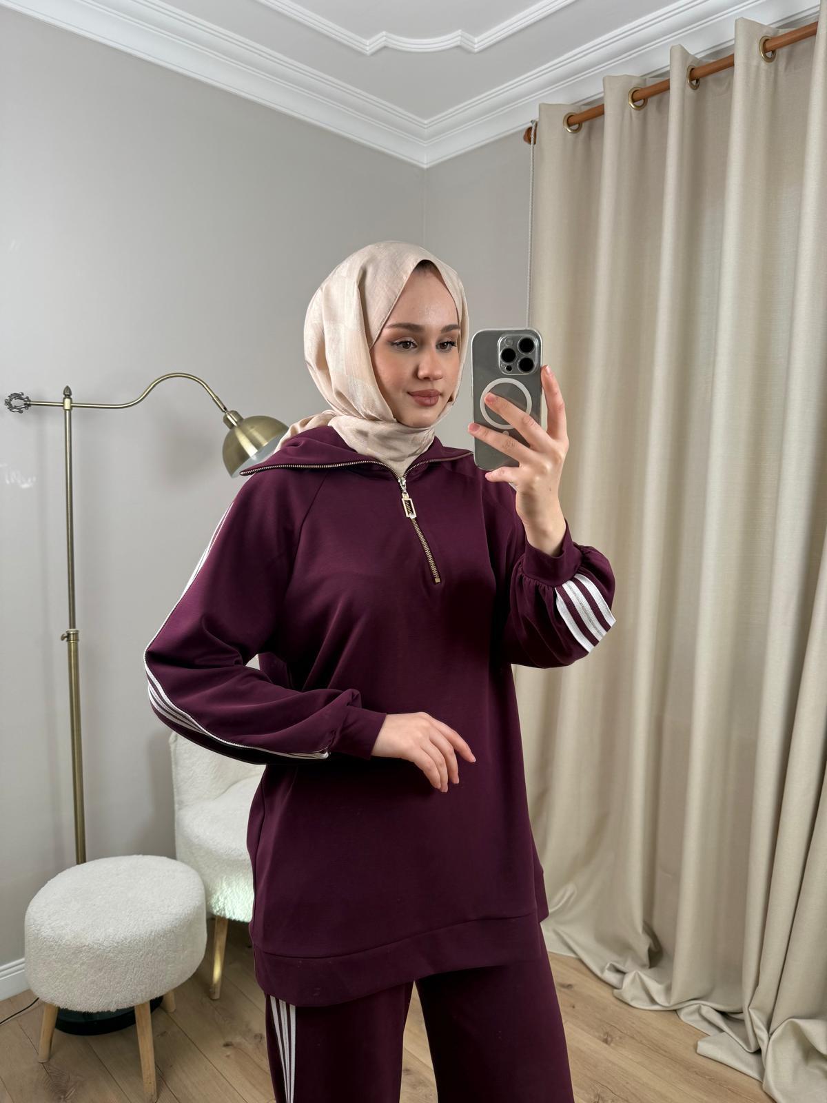 Nuss 1093 Şerit Detaylı Pantolonlu Takım MÜRDÜM