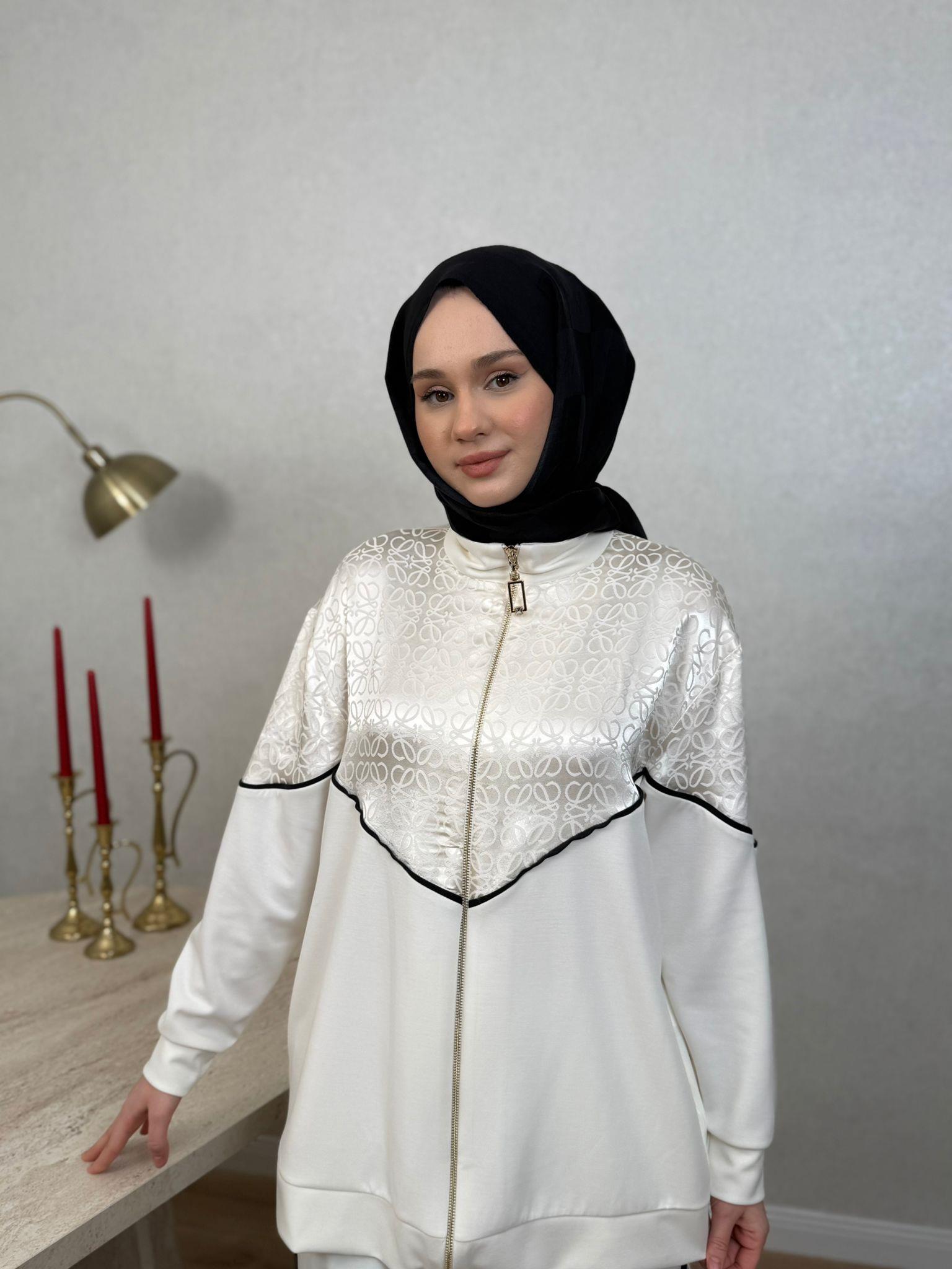 Nuss 1095 Jakar Detaylı Bambu Pantolonlu Takım Ekru