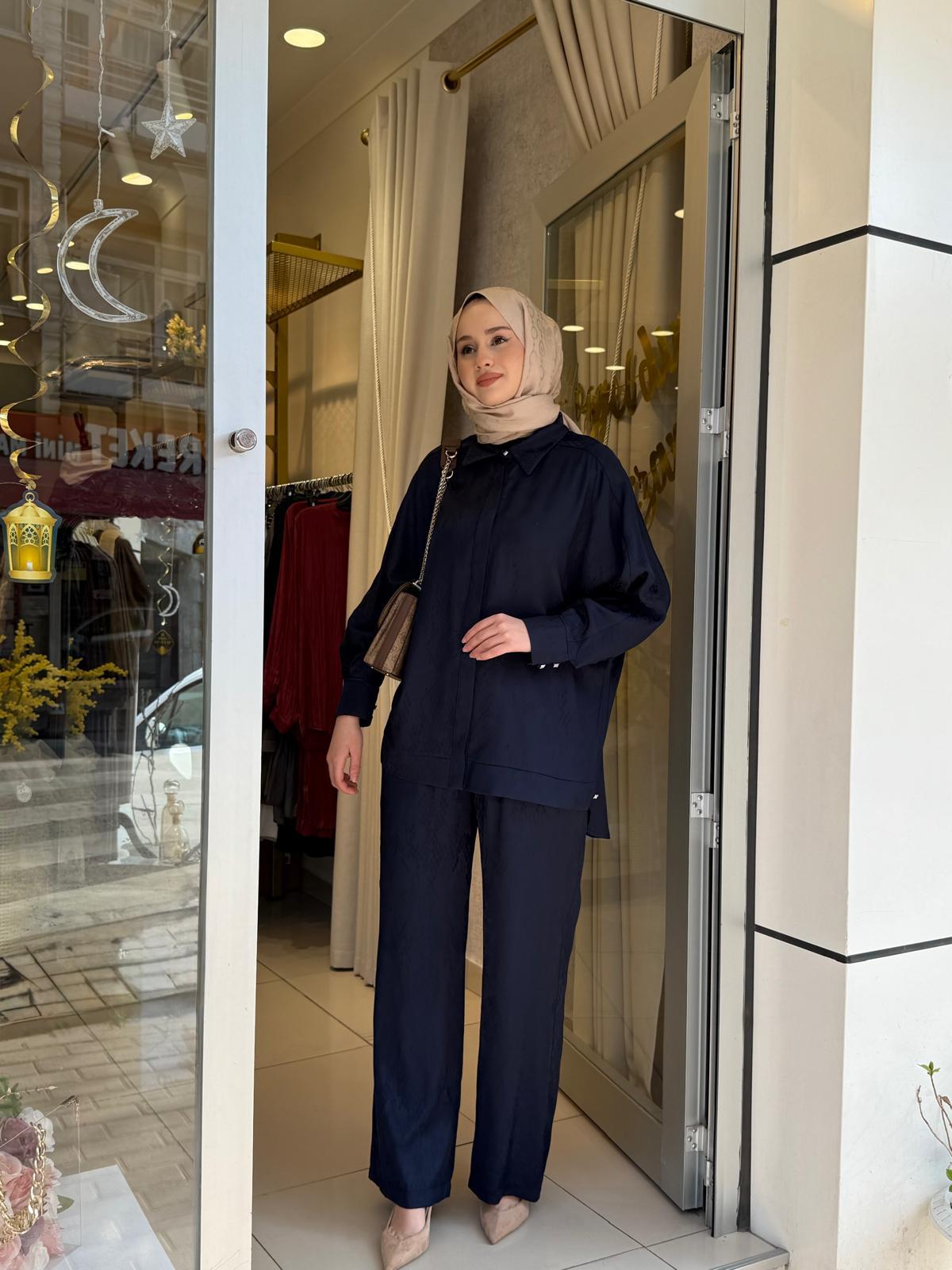 Tığ Triko 5021 Desen Mixli Pantolonlu Takım Lacivert
