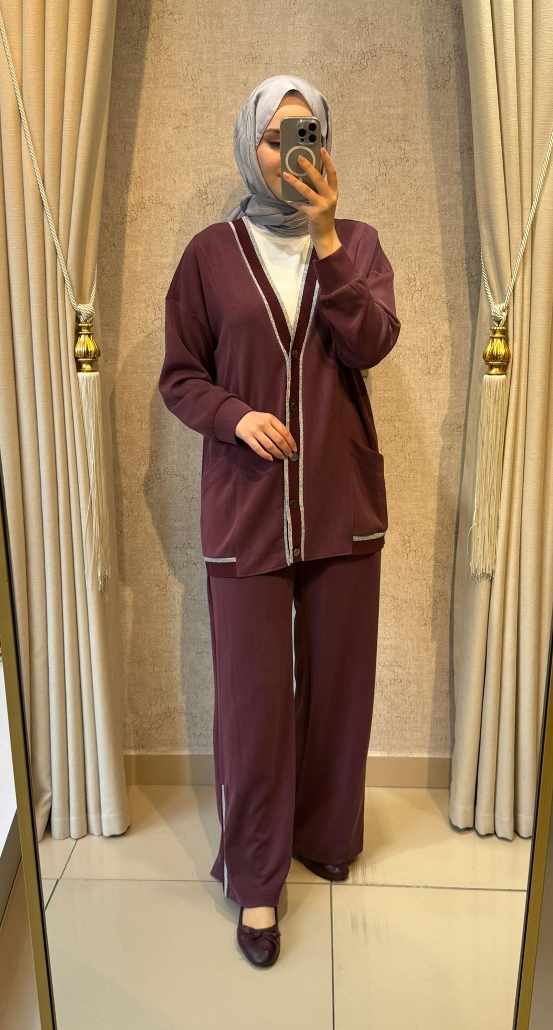 Tığ Triko 5092 Sim Çizgi Ribanalı Pantolonlu Takım Bordo