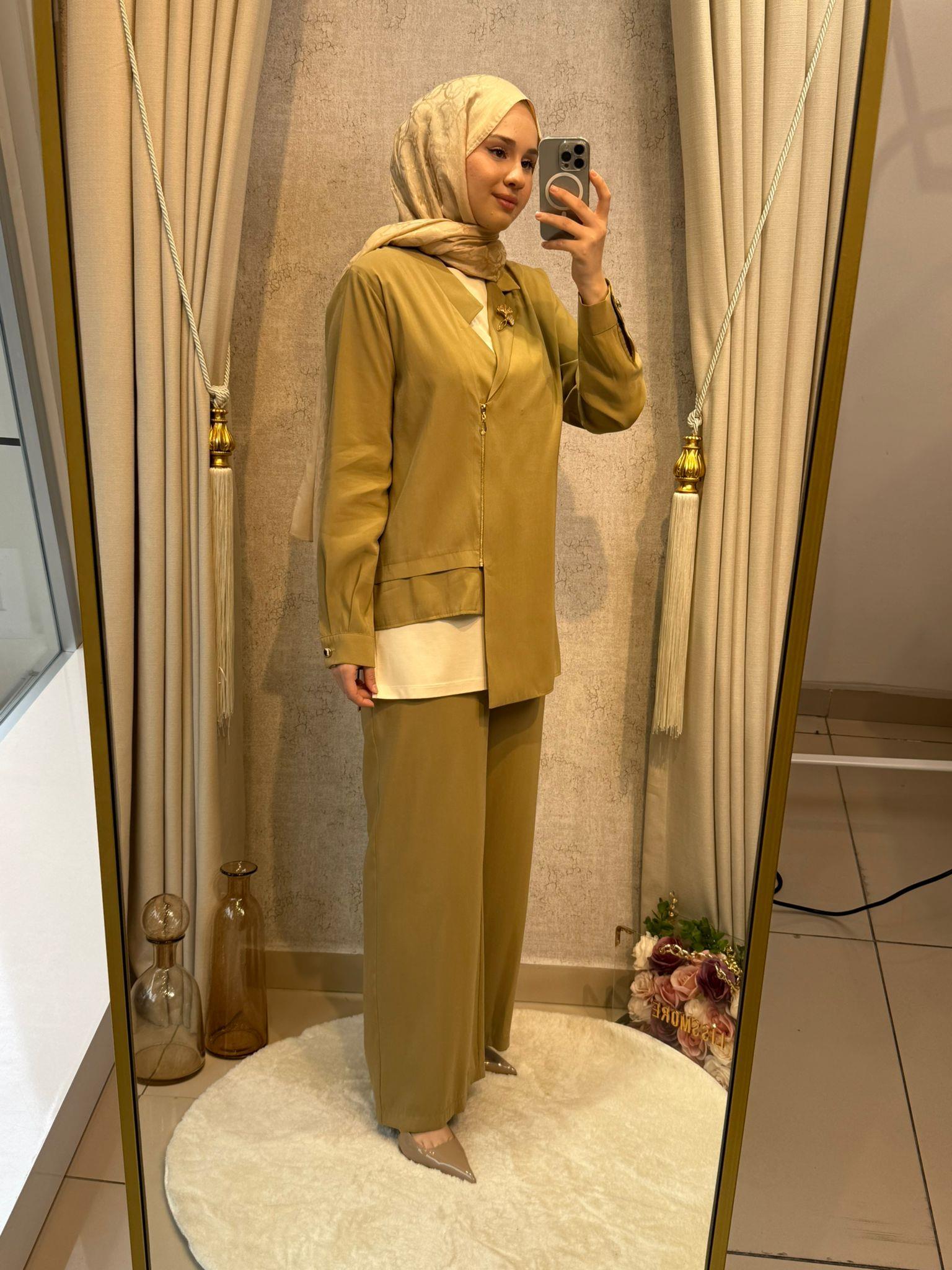Tığ Triko 5099 Asimetrik Yakalı 3lü Pantolonlu Takım Olive