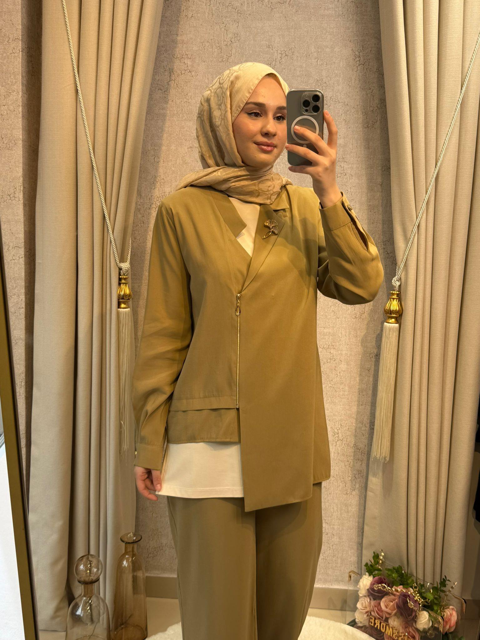 Tığ Triko 5099 Asimetrik Yakalı 3lü Pantolonlu Takım Olive