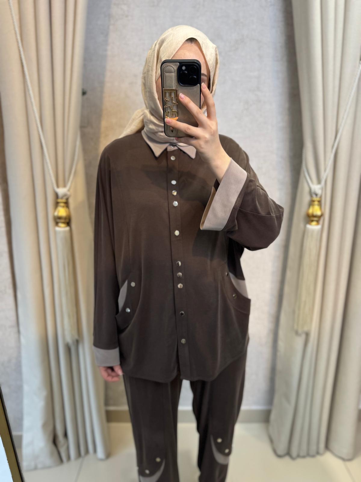 Tığ Triko 5126 Çıtçıtlı Tunik Pantolon Takım Kahverengi