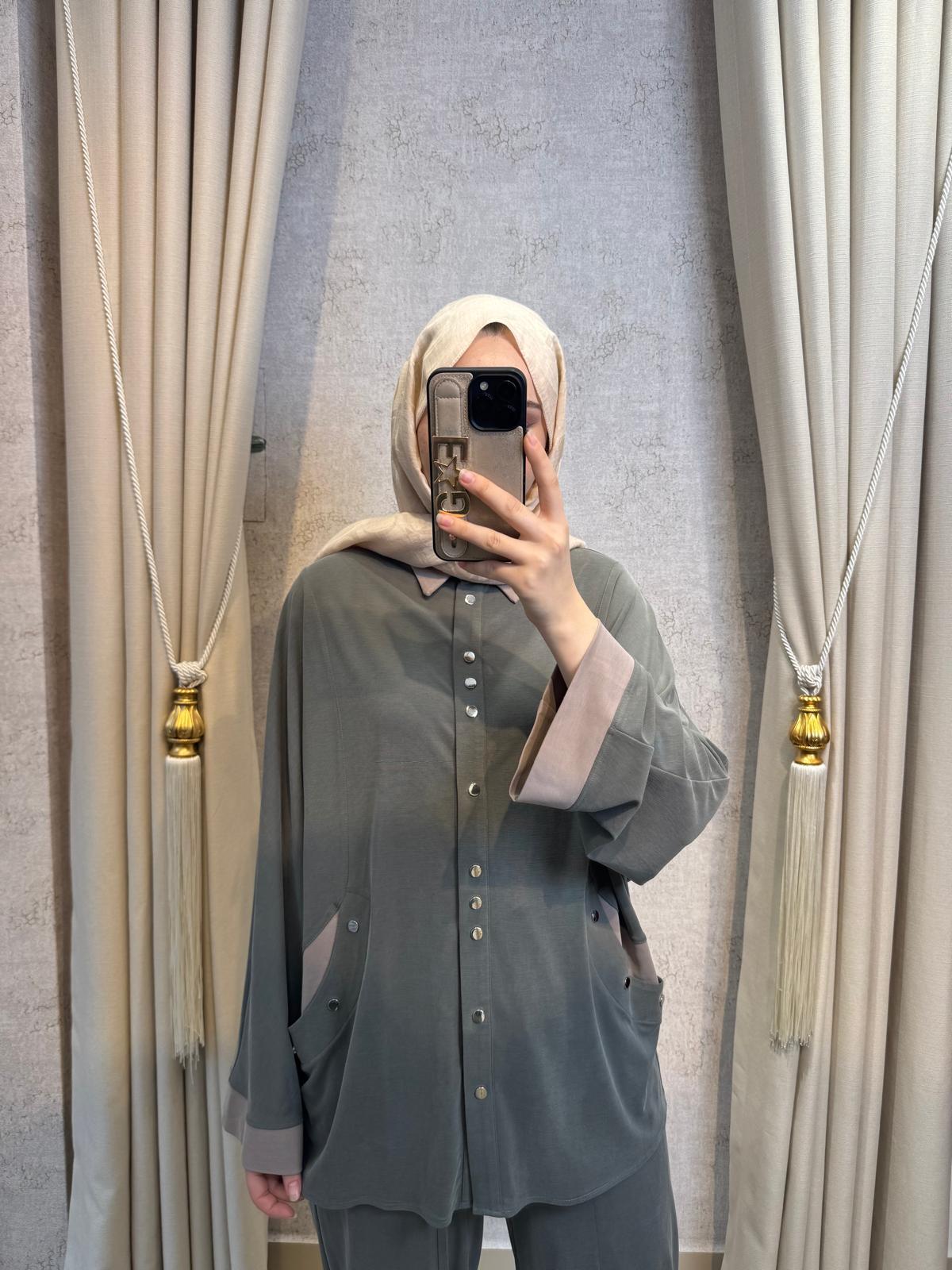 Tığ Triko 5126 Çıtçıtlı Tunik Pantolon Takım Yeşil