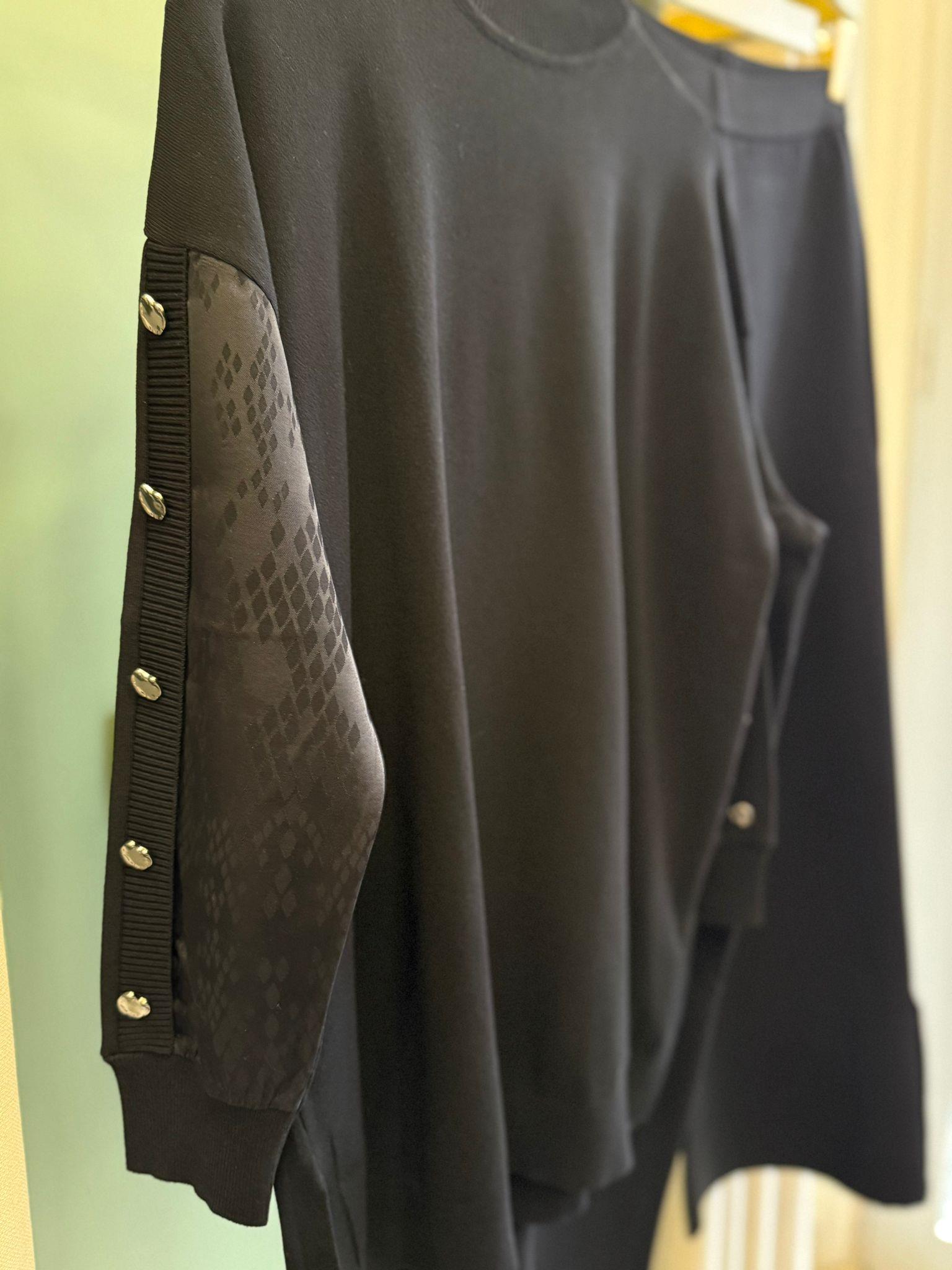Tığ Triko Kolları Kumaş Garnili Tunik Pantolon Takım 21981 Siyah