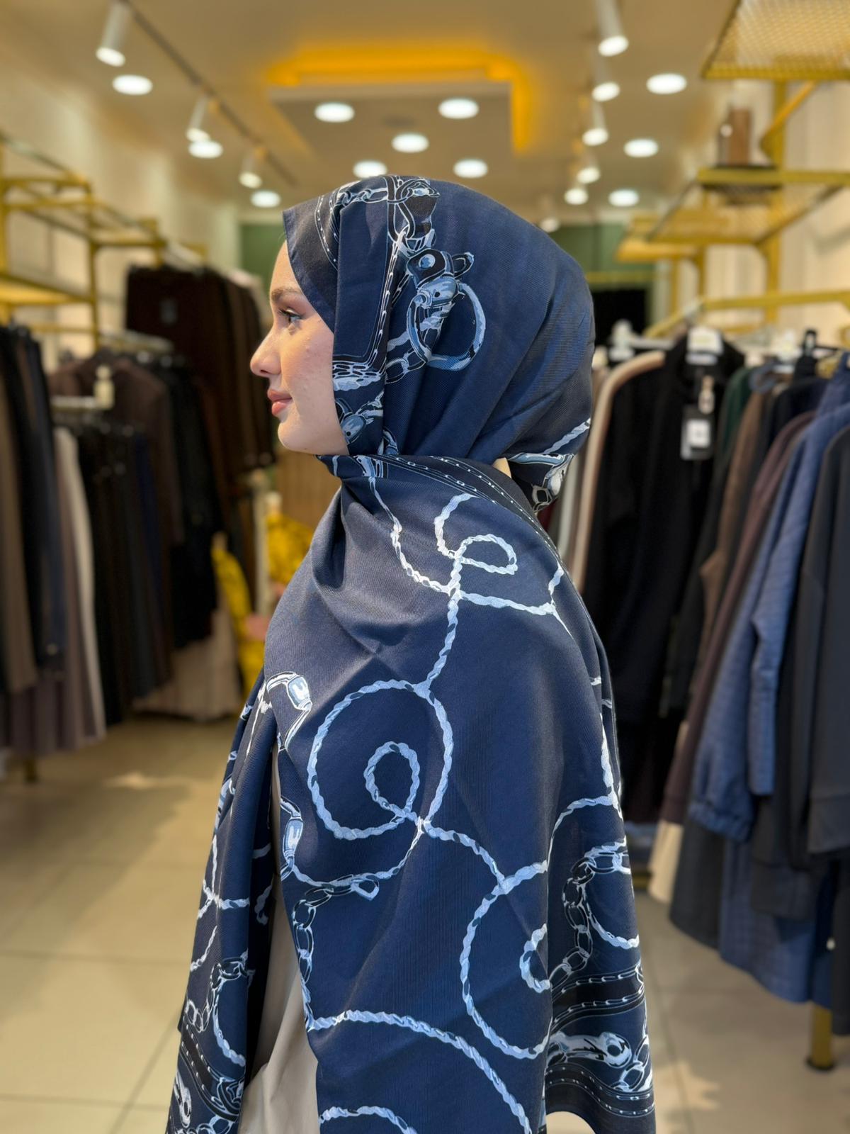 Wennora Lustre Etoile Zincir Desen Yün İpek Şal Koyu Lacivert