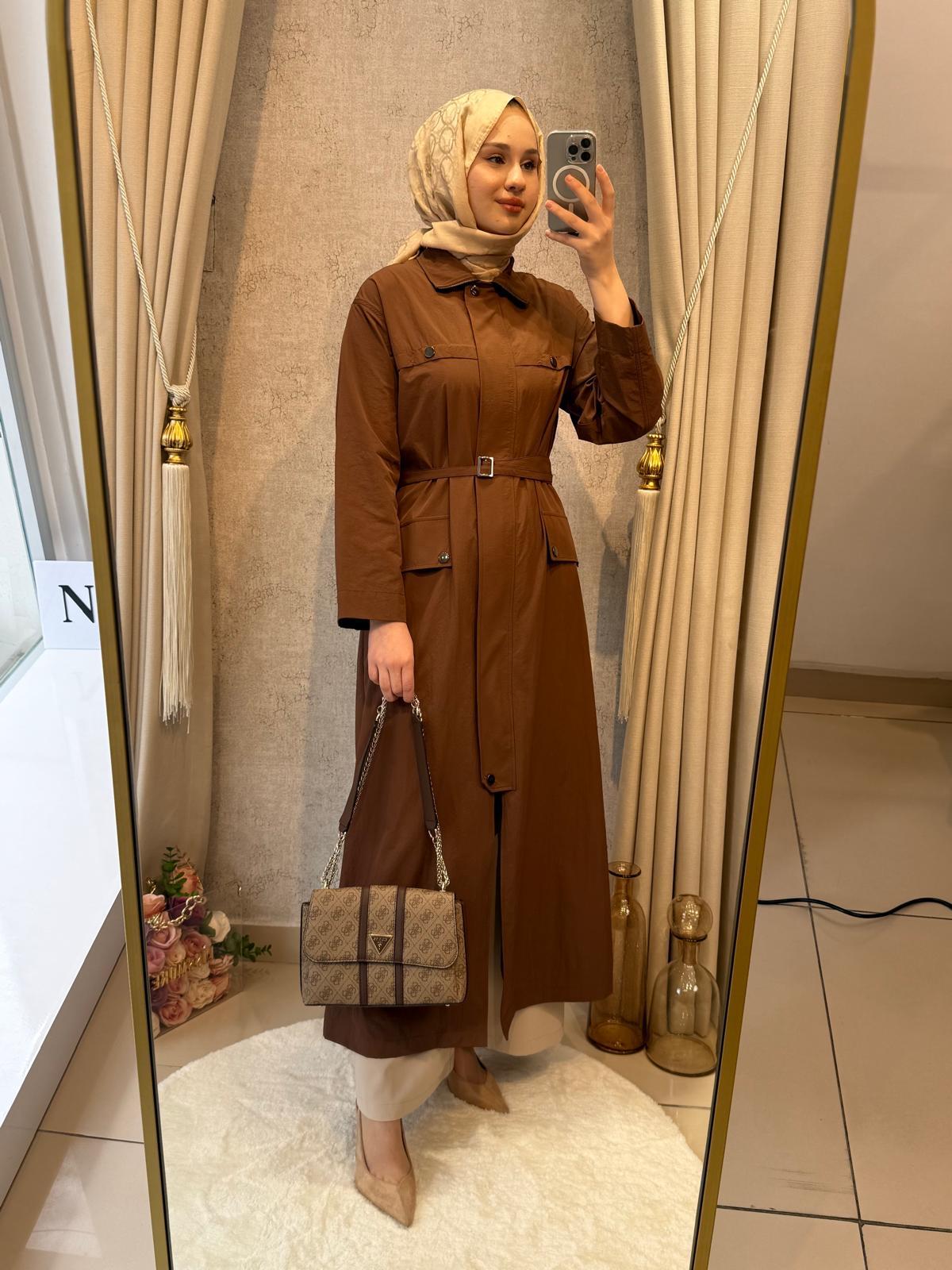 Wennora 1035 Doğal Kumaş Trenchkot Kahverengi