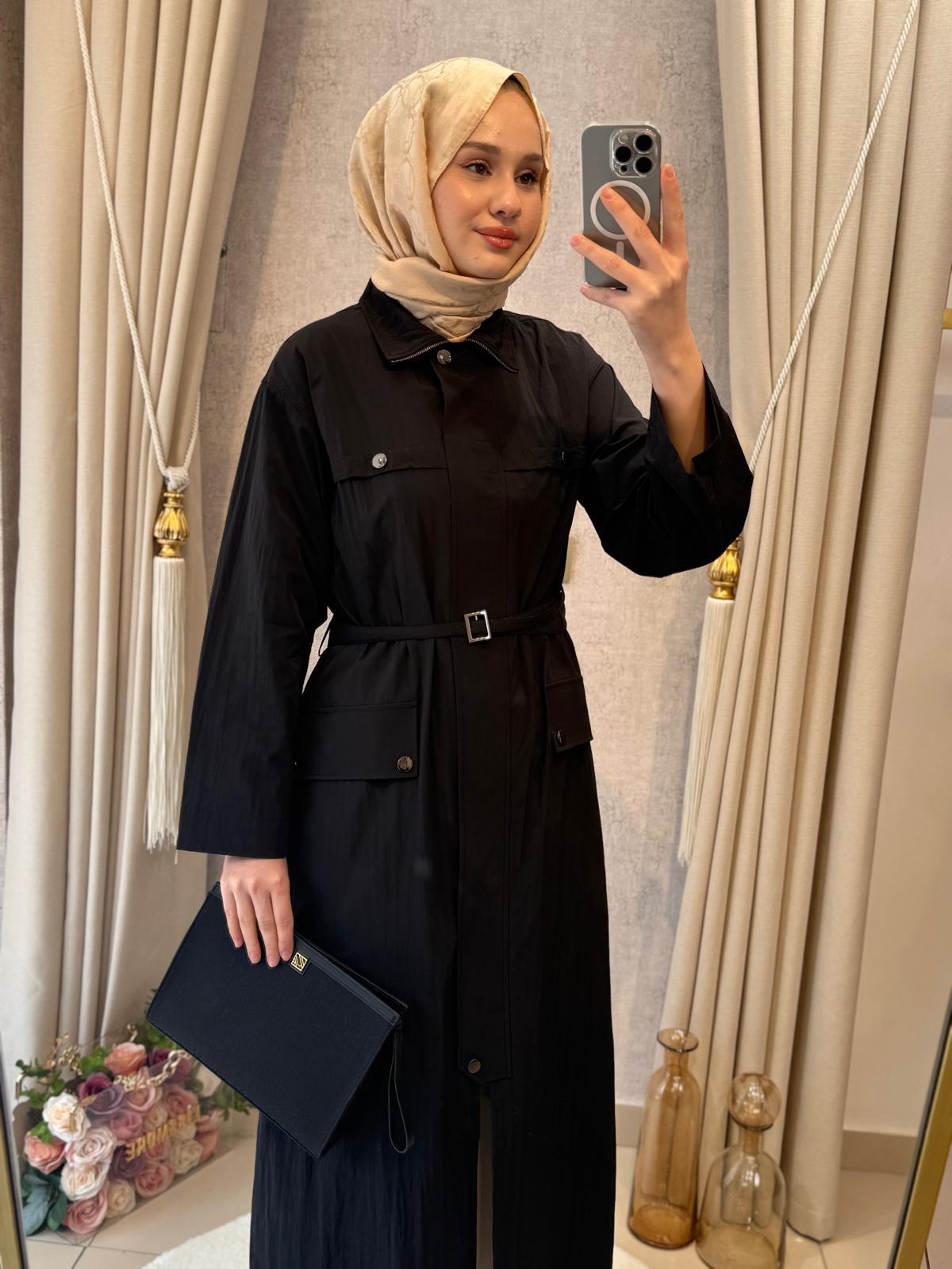 Wennora 1035 Doğal Kumaş Trenchkot Siyah