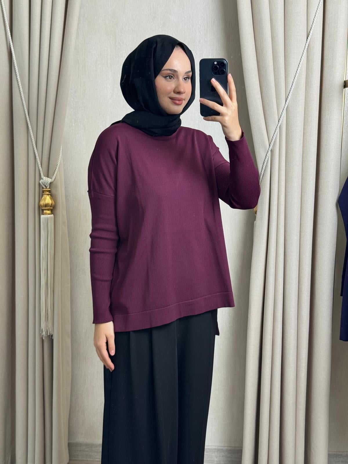 Nuss116 Lastik Kol Merserize Tunik Bordo