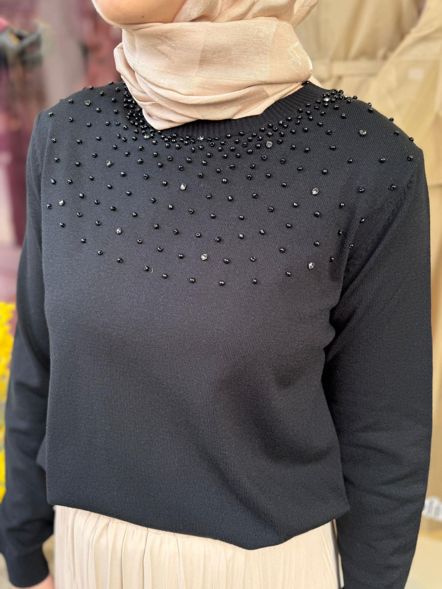Tığ Triko Boncuk İşlemelli Bluz 21725 Siyah