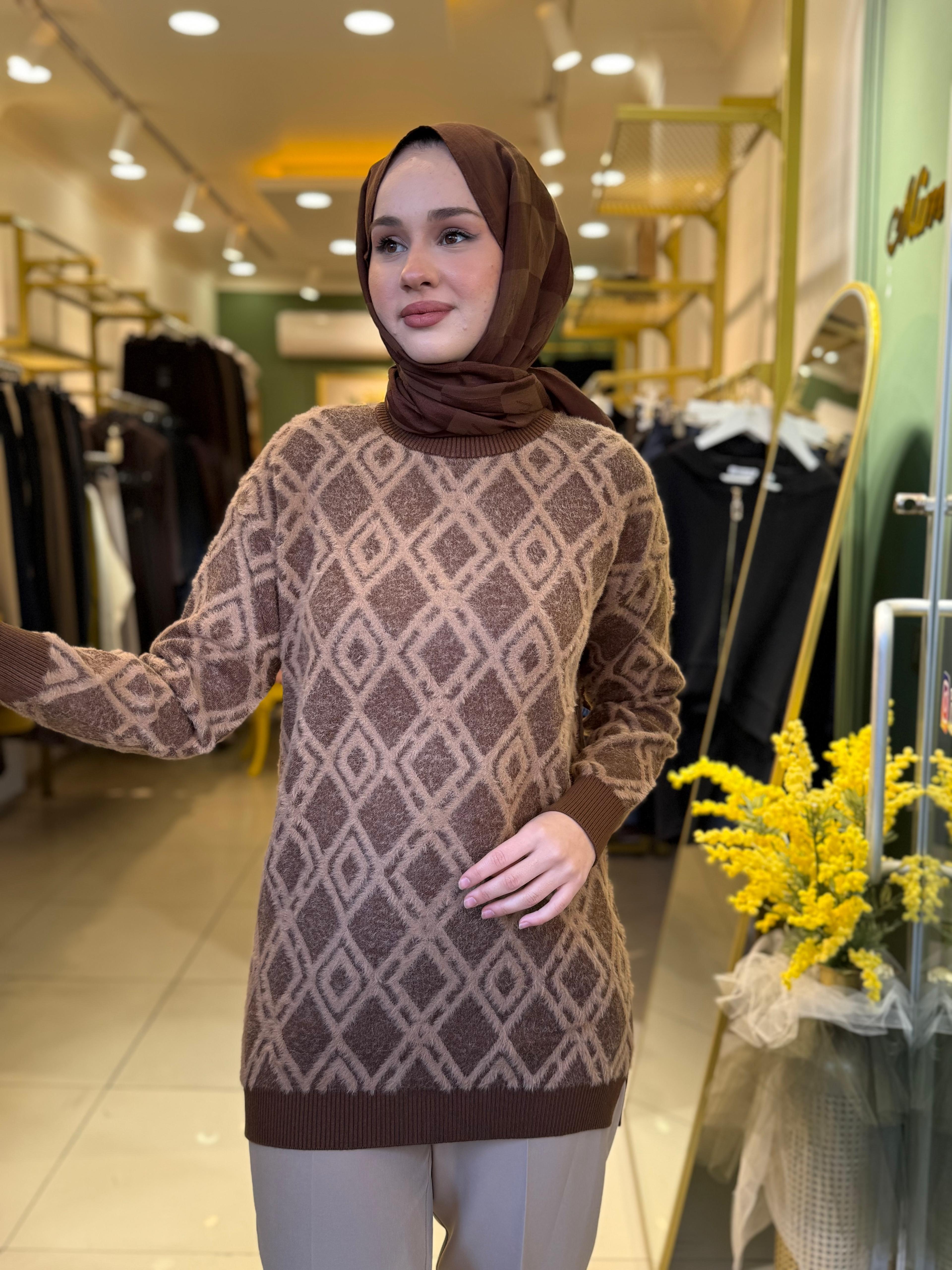 Tığ Triko Desenli Sıfır Yaka Tunik 21614 Kahverengi