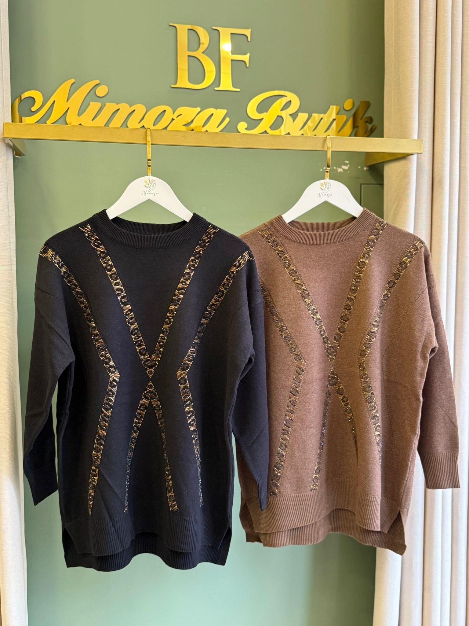 Tığ Triko Leopar Taşlı Tunik 21763 Kahverengi