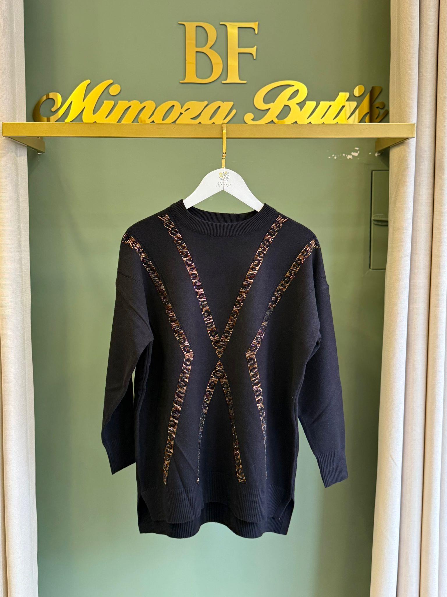 Tığ Triko Leopar Taşlı Tunik 21763 Siyah
