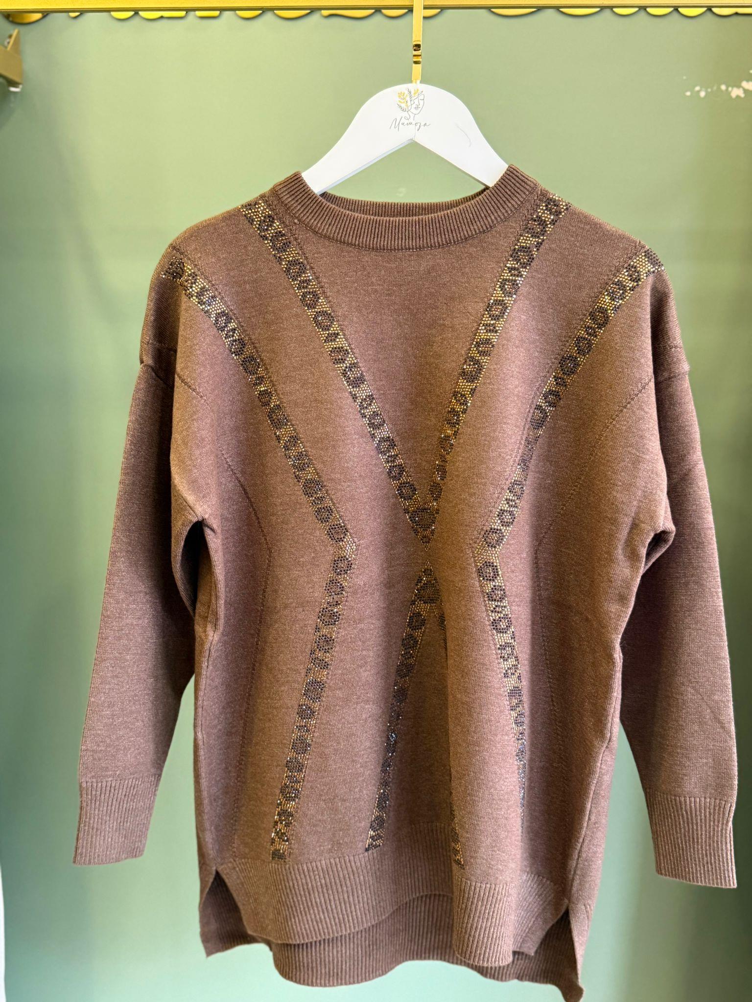 Tığ Triko Leopar Taşlı Tunik 21763 Kahverengi