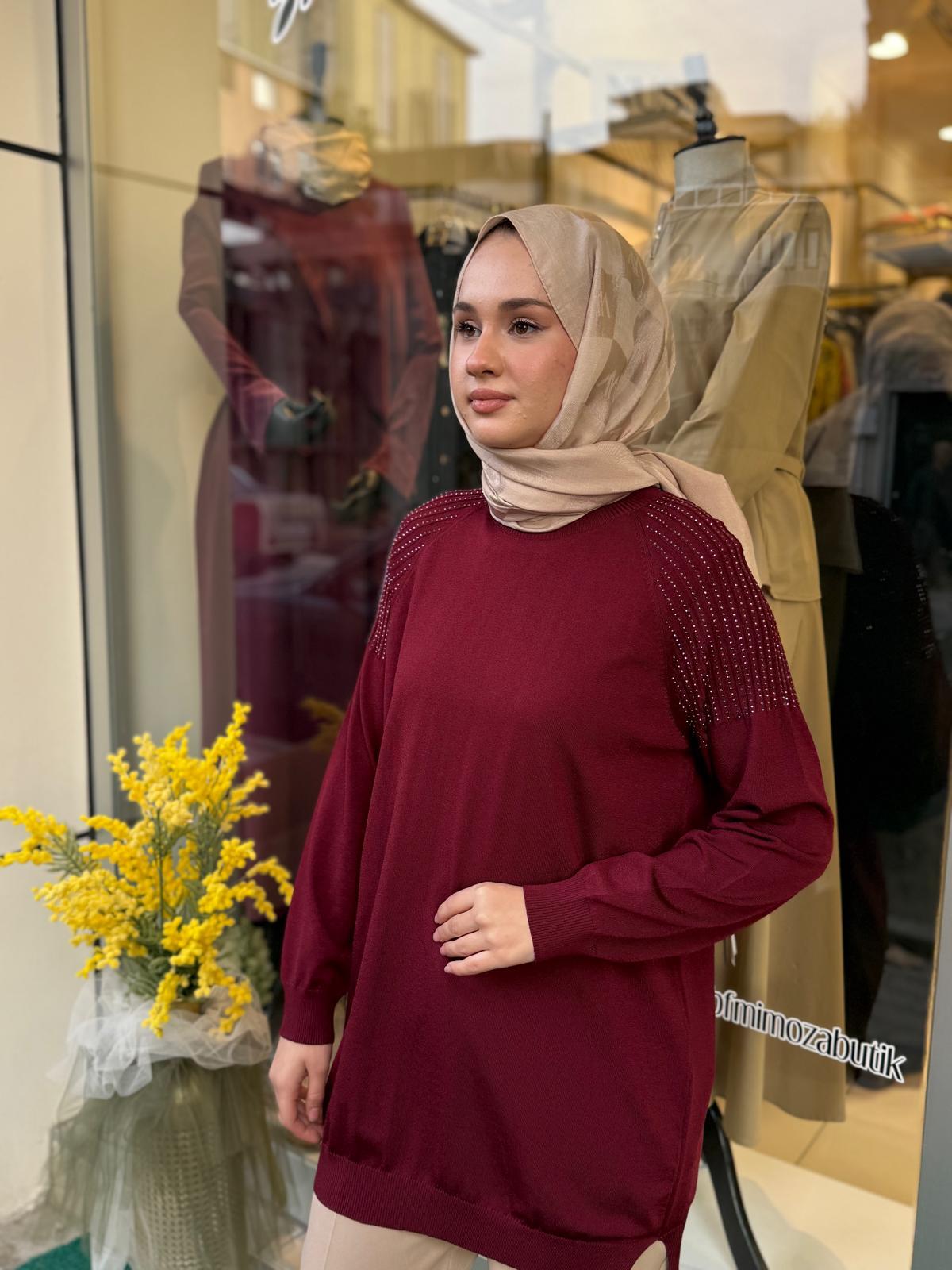 Tığ Triko Omuzlar Taş Baskılı Rayon Tunik 21723 Bordo