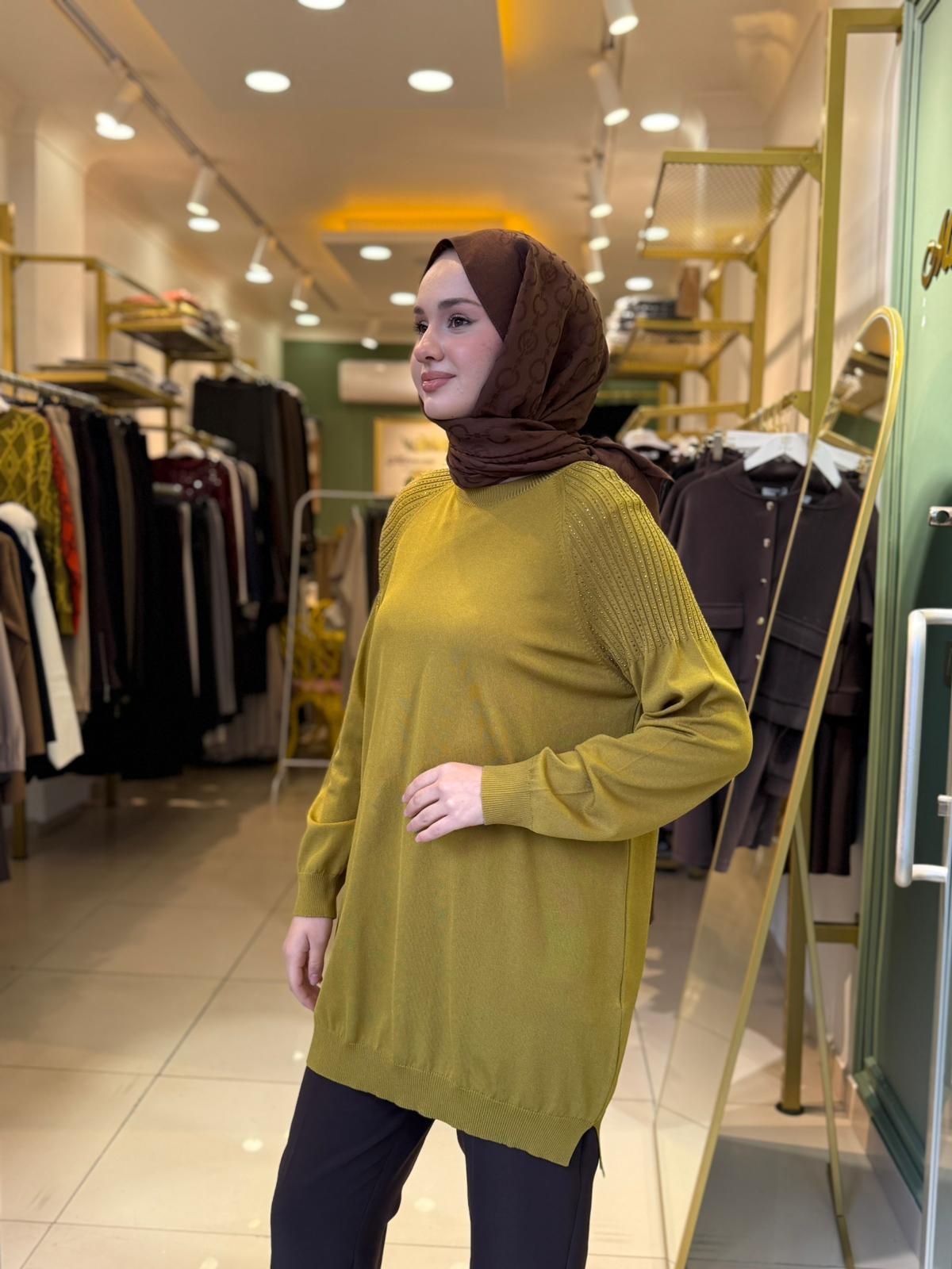 Tığ Triko Omuzlar Taş Baskılı Rayon Tunik 21723 Asit Yeşili