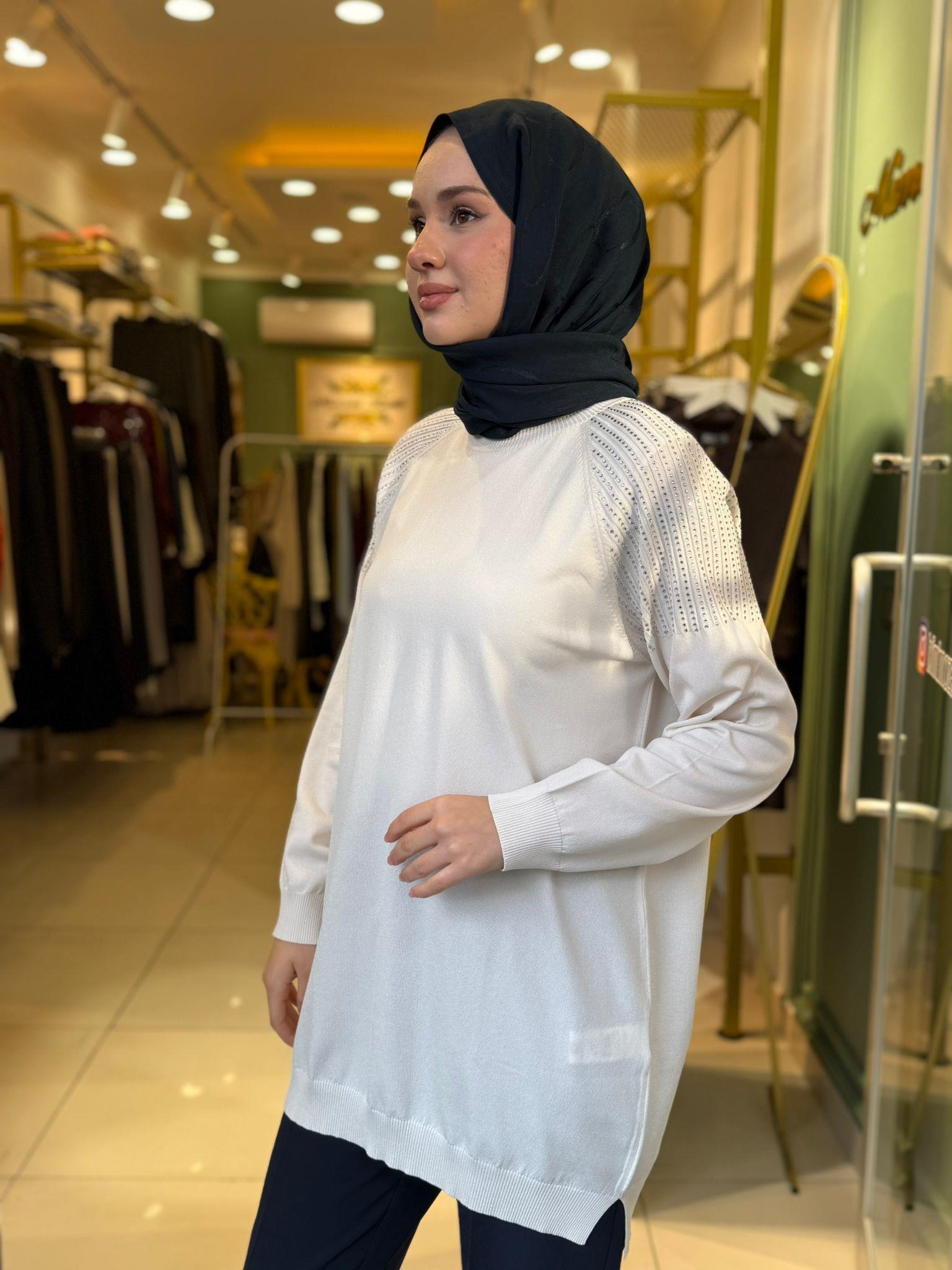 Tığ Triko Omuzlar Taş Baskılı Rayon Tunik 21723 Ekru