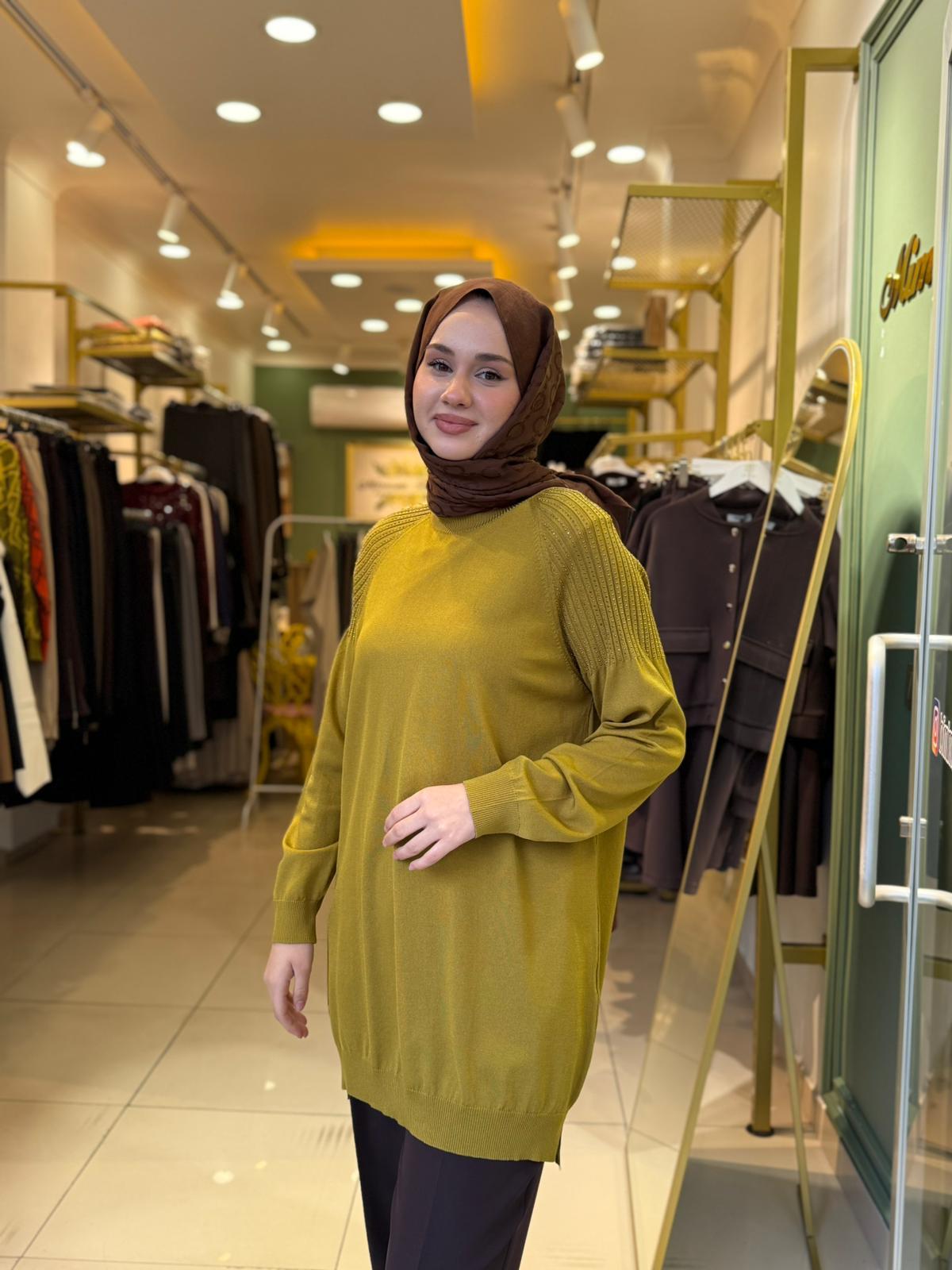 Tığ Triko Omuzlar Taş Baskılı Rayon Tunik 21723 Asit Yeşili