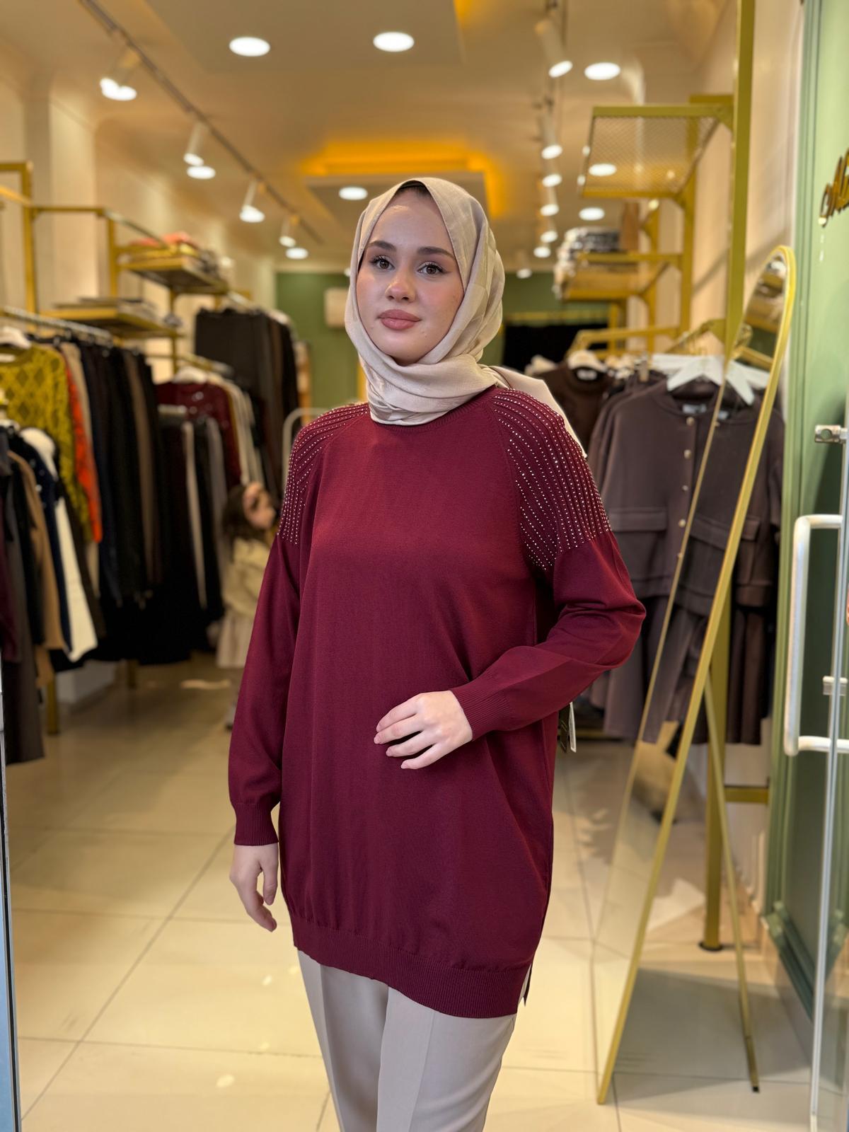 Tığ Triko Omuzlar Taş Baskılı Rayon Tunik 21723 Bordo