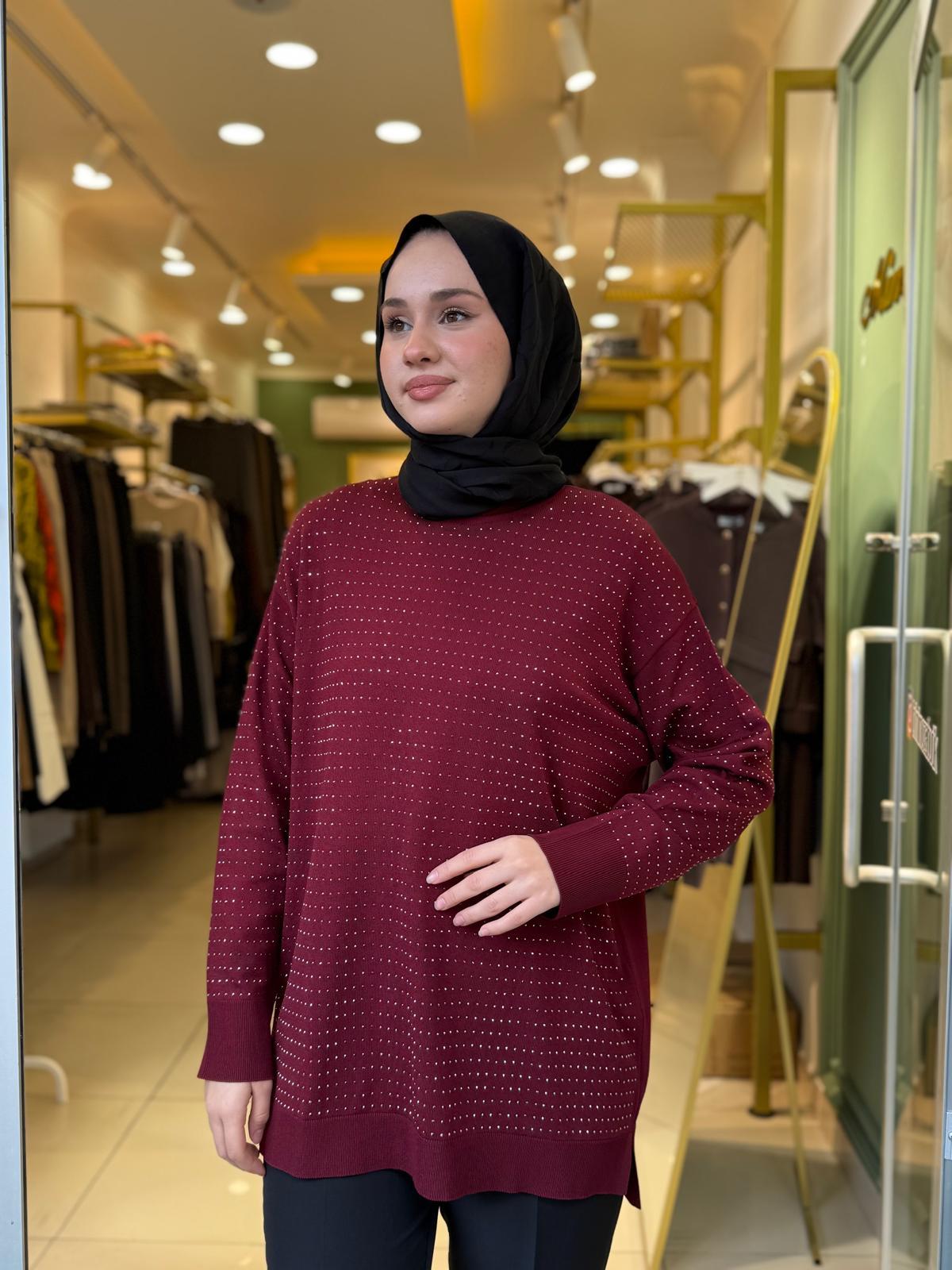 Tığ Triko Taş Baskılı Rayon Tunik 21717 Bordo