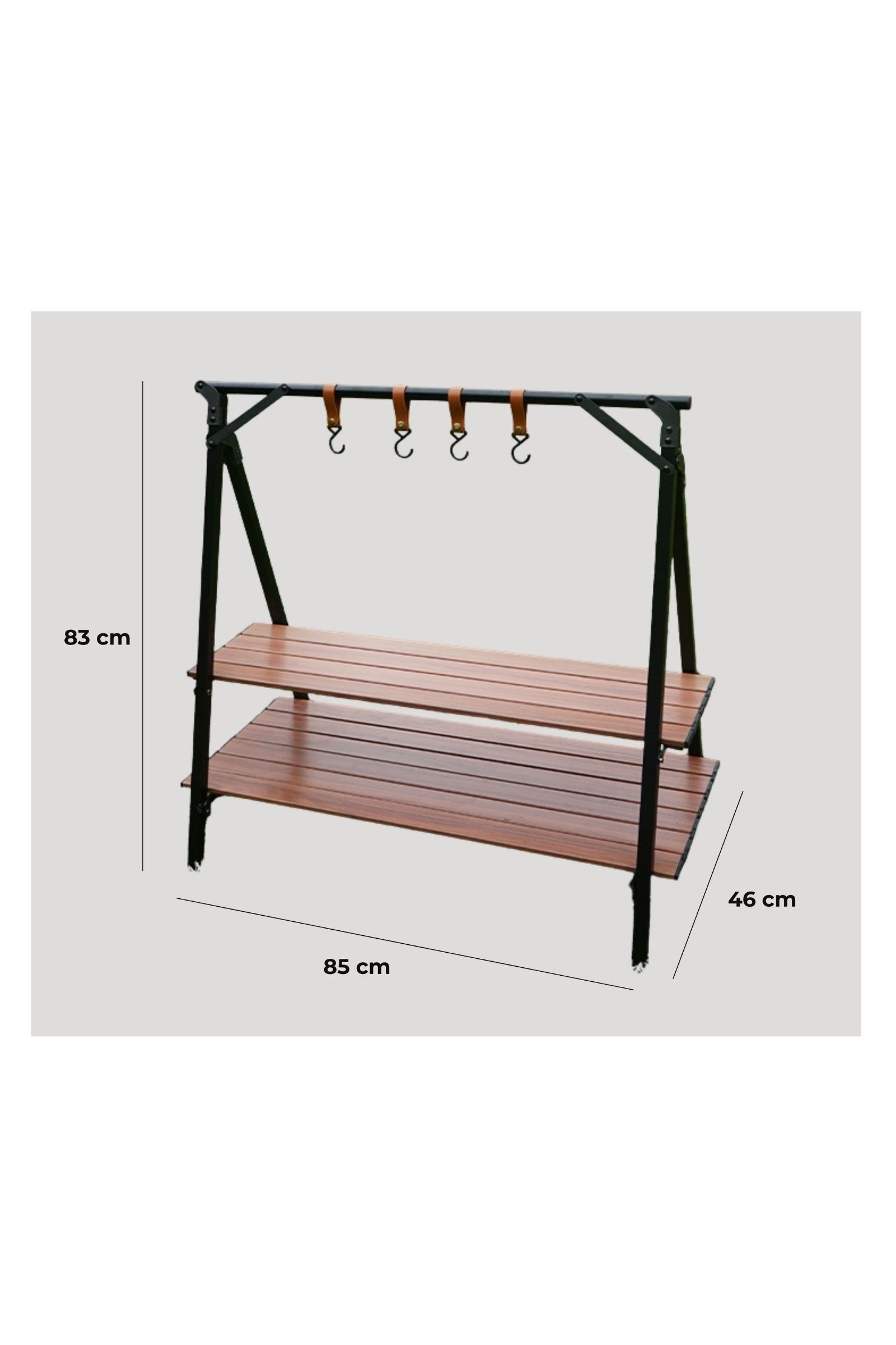 Katlanabilir Portatif Kamp Rafı Alüminyum Ahşap Görünümlü 83x85x46 cm