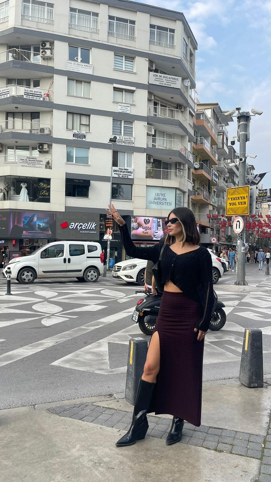 Ekoseli Derin Yırtmaçlı Scuba Etek