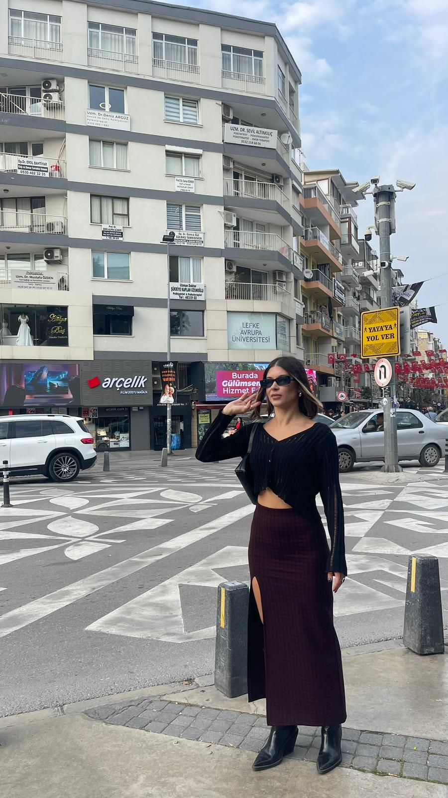 Ekoseli Derin Yırtmaçlı Scuba Etek