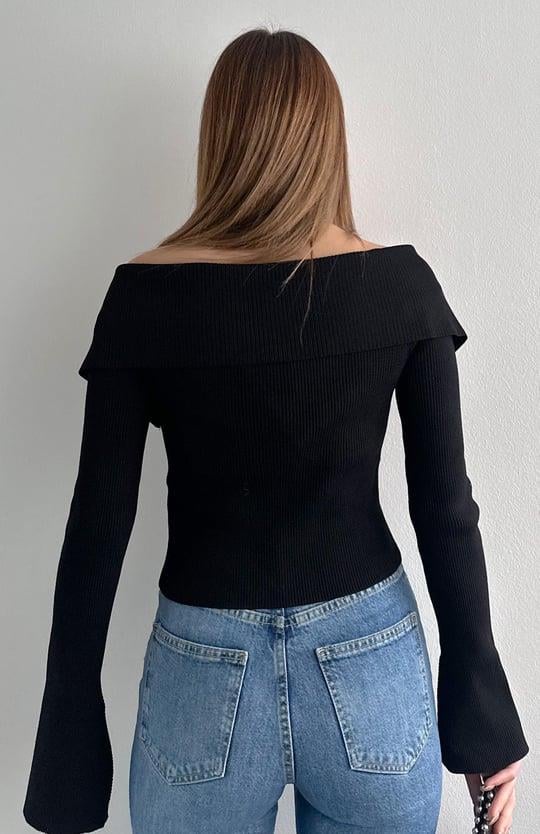 Bardot Yaka Kol Yırtmaç Detaylı Fermuarlı Triko